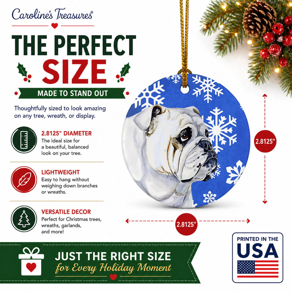 Bulldog English Winter Snowflakes Holiday Ceramic Ornament Christmas Tree Hanging Decorations for Home Christmas Holiday, Party, Gift, 3 in, Multicolor