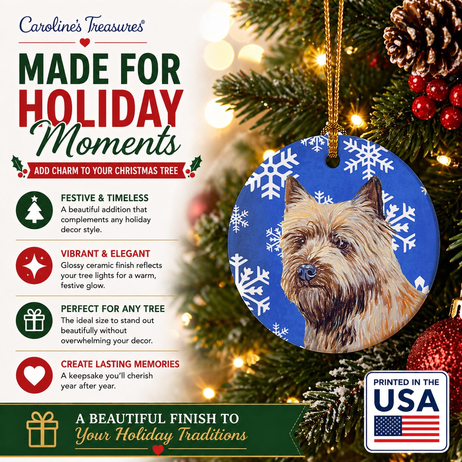 Cairn Terrier Winter Snowflakes Holiday Ceramic Ornament Christmas Tree Hanging Decorations for Home Christmas Holiday, Party, Gift, 3 in, Multicolor