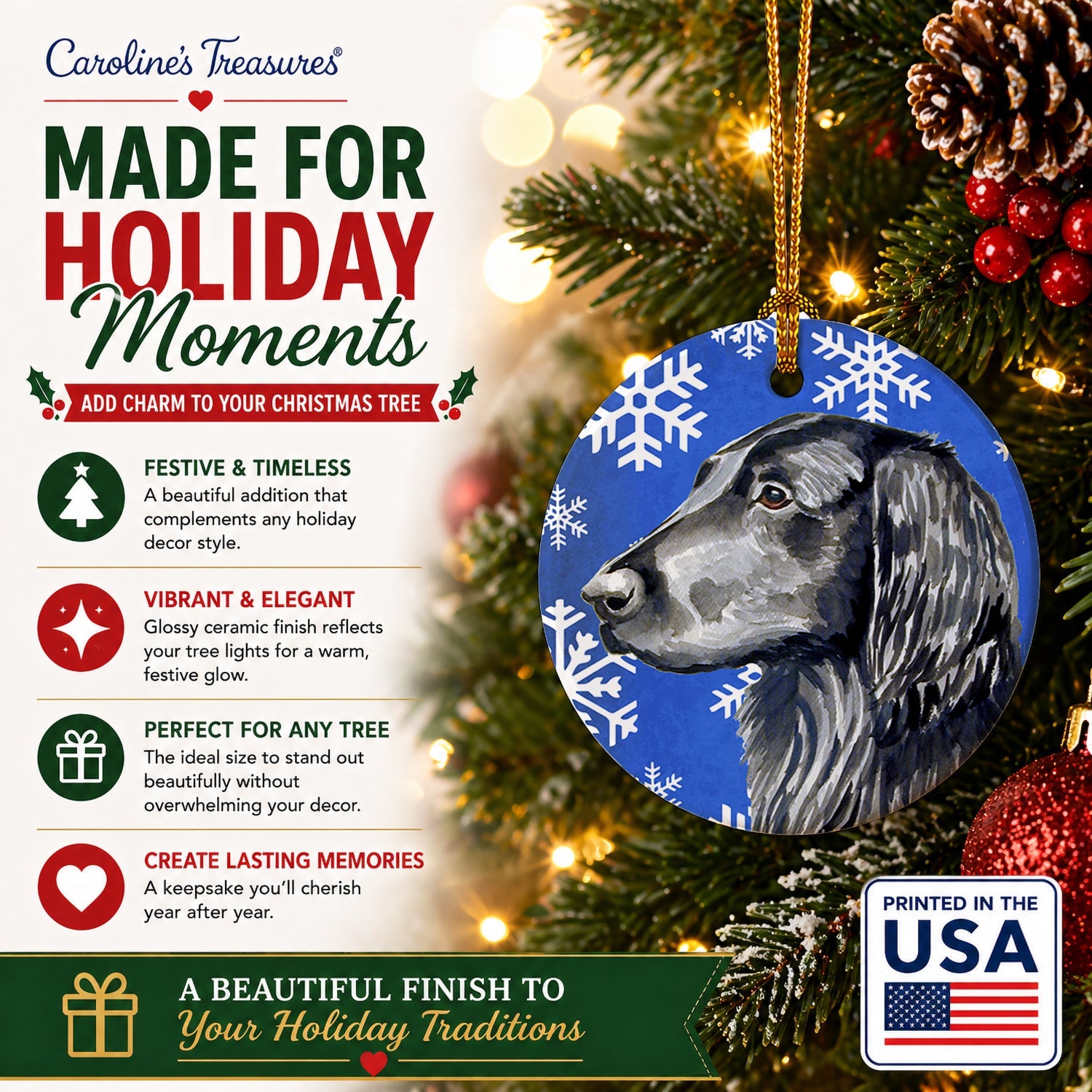 Flat Coated Retriever Winter Snowflakes Holiday Ceramic Ornament Christmas Tree Hanging Decorations for Home Christmas Holiday, Party, Gift, 3 in, Multicolor