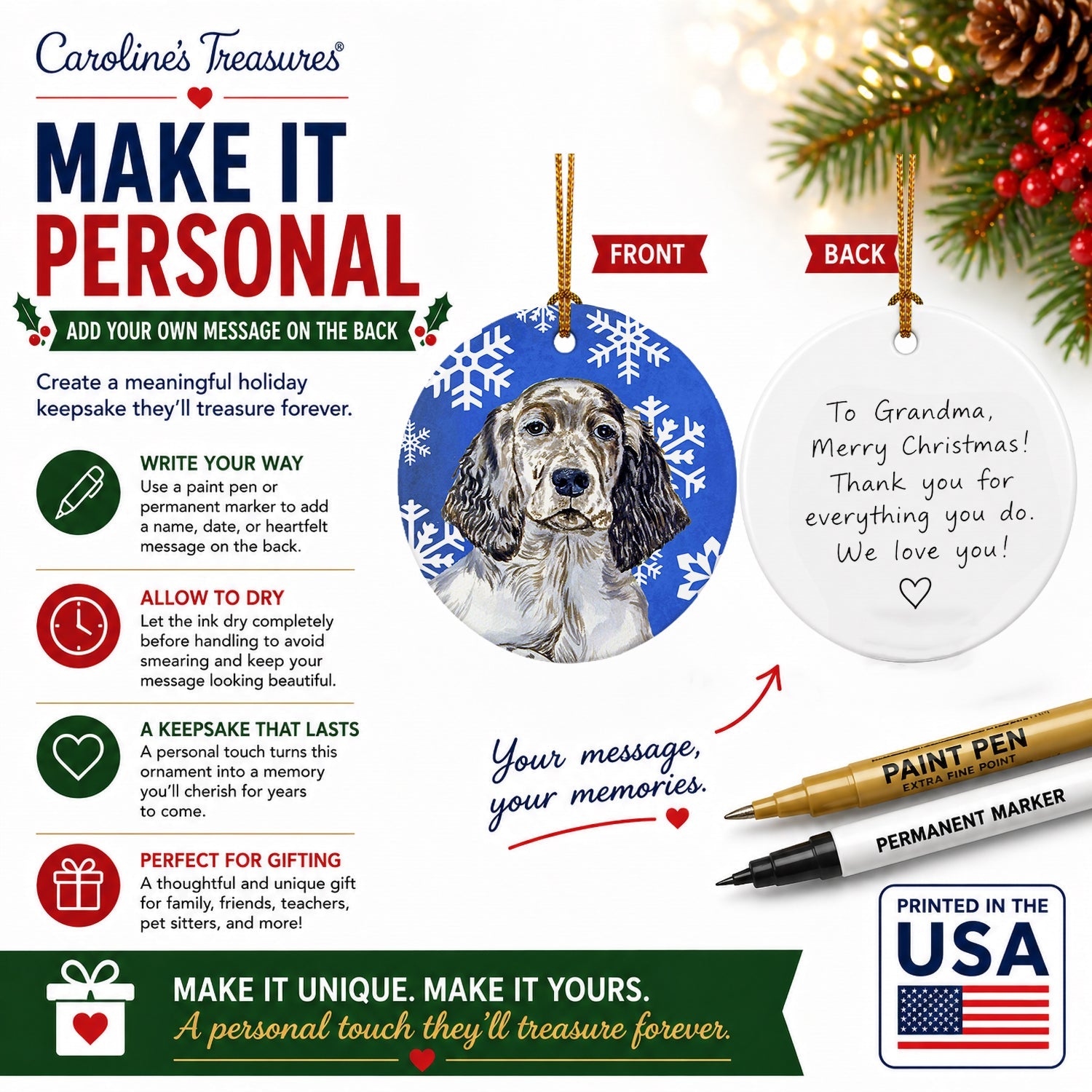English Setter Winter Snowflakes Holiday Ceramic Ornament Christmas Tree Hanging Decorations for Home Christmas Holiday, Party, Gift, 3 in, Multicolor