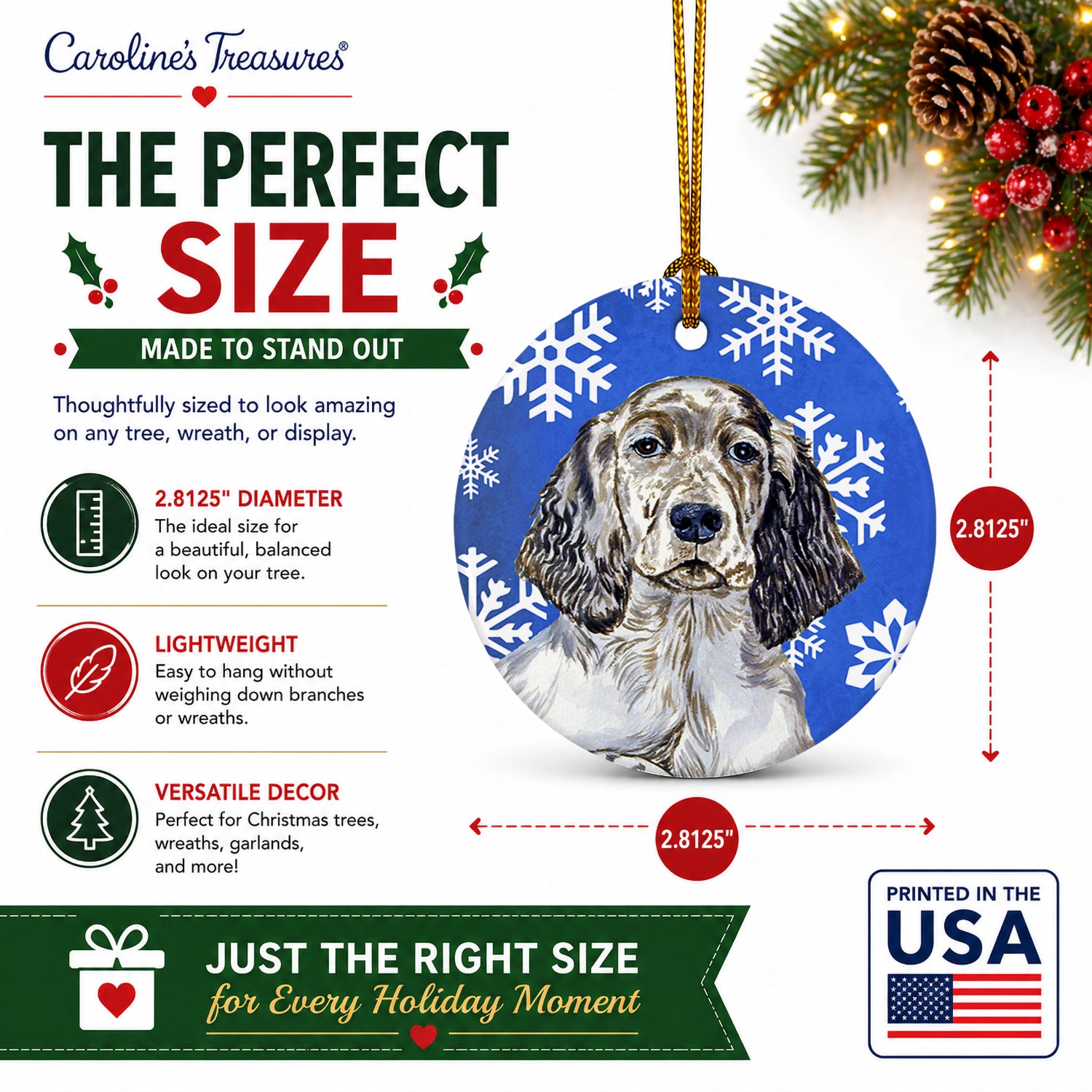 English Setter Winter Snowflakes Holiday Ceramic Ornament Christmas Tree Hanging Decorations for Home Christmas Holiday, Party, Gift, 3 in, Multicolor