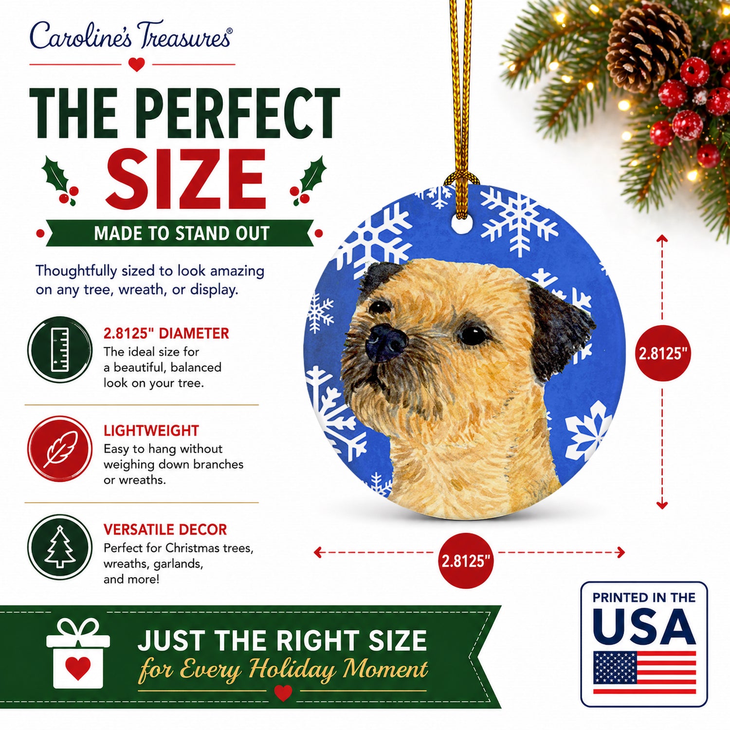 Border Terrier Winter Snowflakes Holiday Ceramic Ornament Christmas Tree Hanging Decorations for Home Christmas Holiday, Party, Gift, 3 in, Multicolor