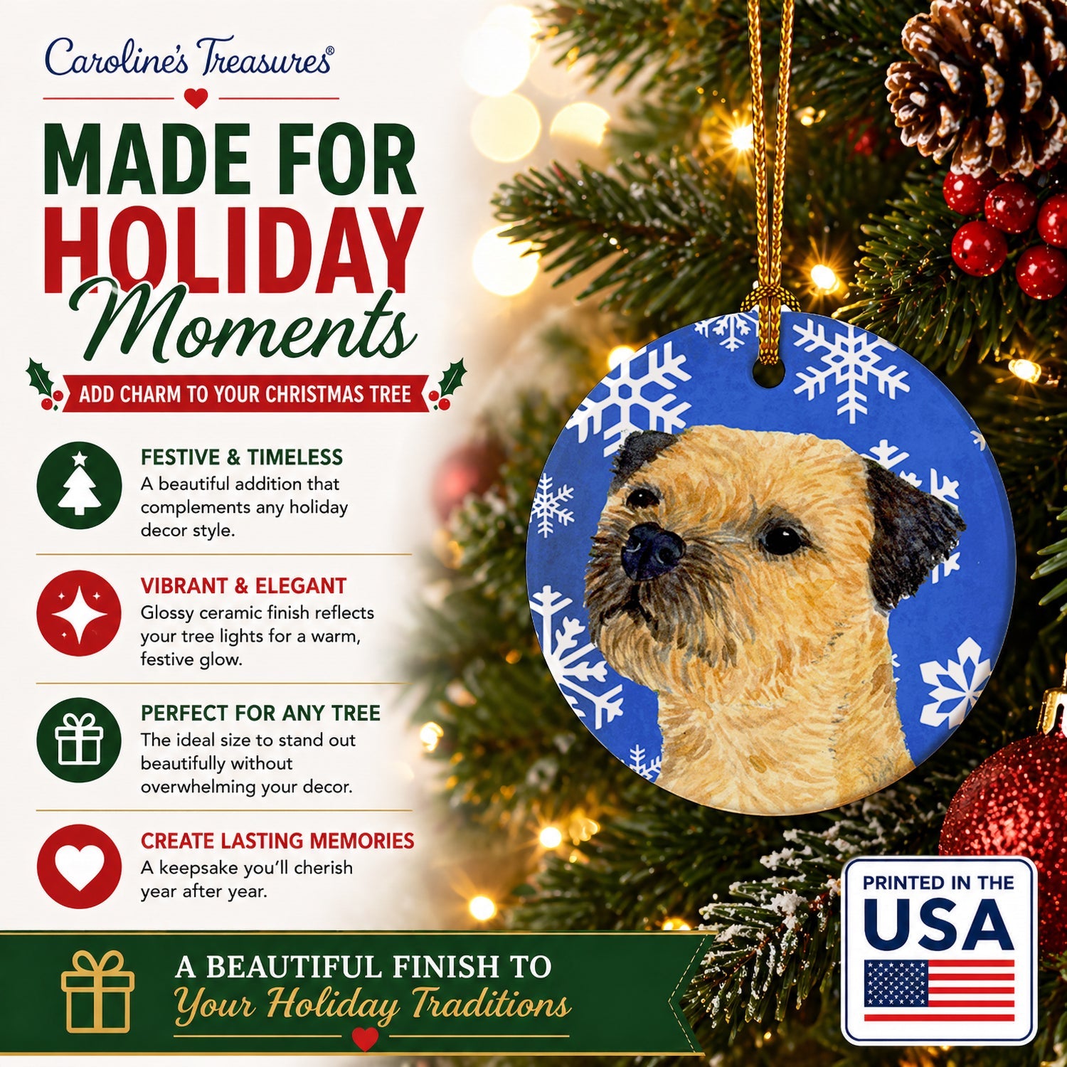Border Terrier Winter Snowflakes Holiday Ceramic Ornament Christmas Tree Hanging Decorations for Home Christmas Holiday, Party, Gift, 3 in, Multicolor