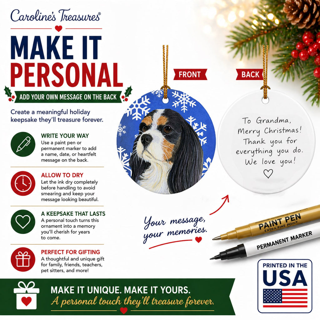 Cavalier Spaniel Winter Snowflakes Holiday Ceramic Ornament Christmas Tree Hanging Decorations for Home Christmas Holiday, Party, Gift, 3 in, Multicolor