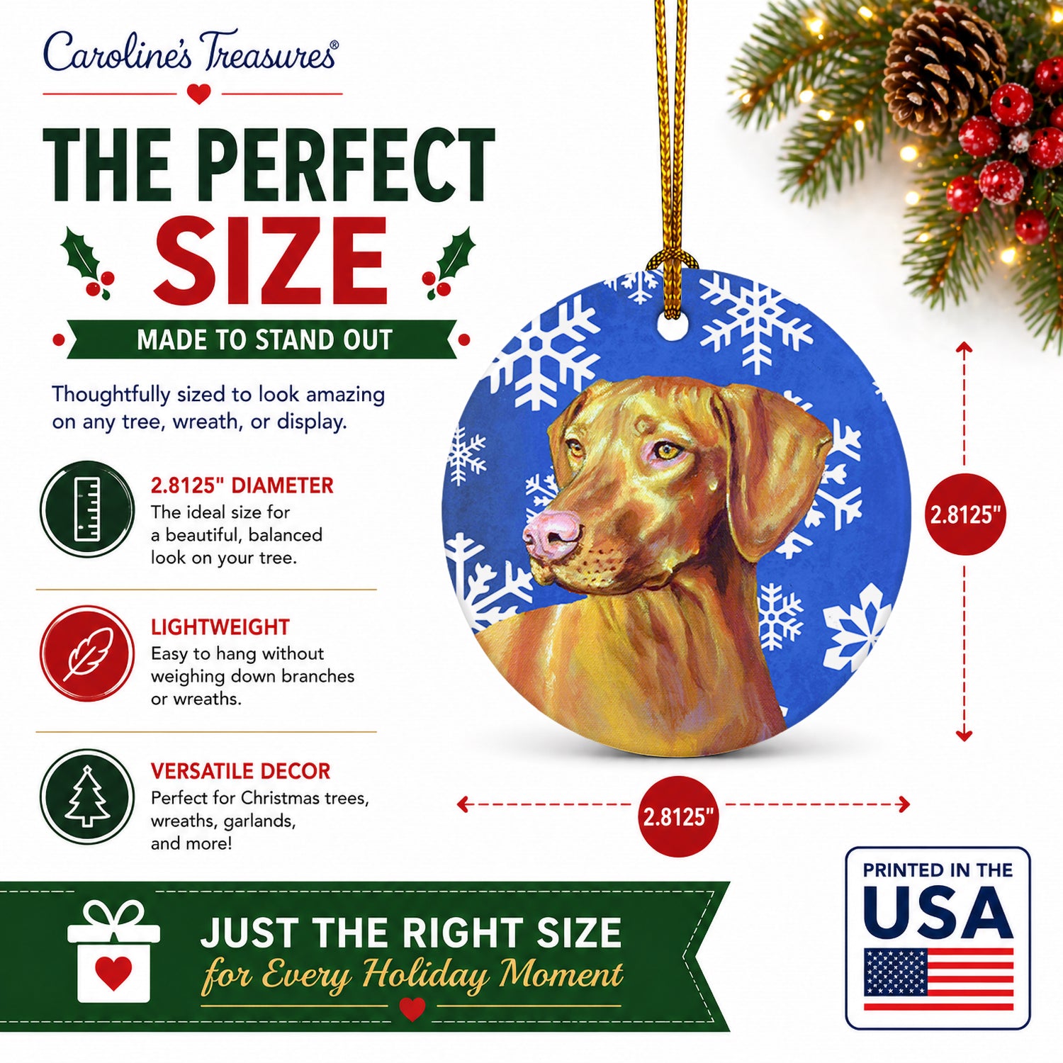 Vizsla Winter Snowflakes Holiday Ceramic Ornament Christmas Tree Hanging Decorations for Home Christmas Holiday, Party, Gift, 3 in, Multicolor