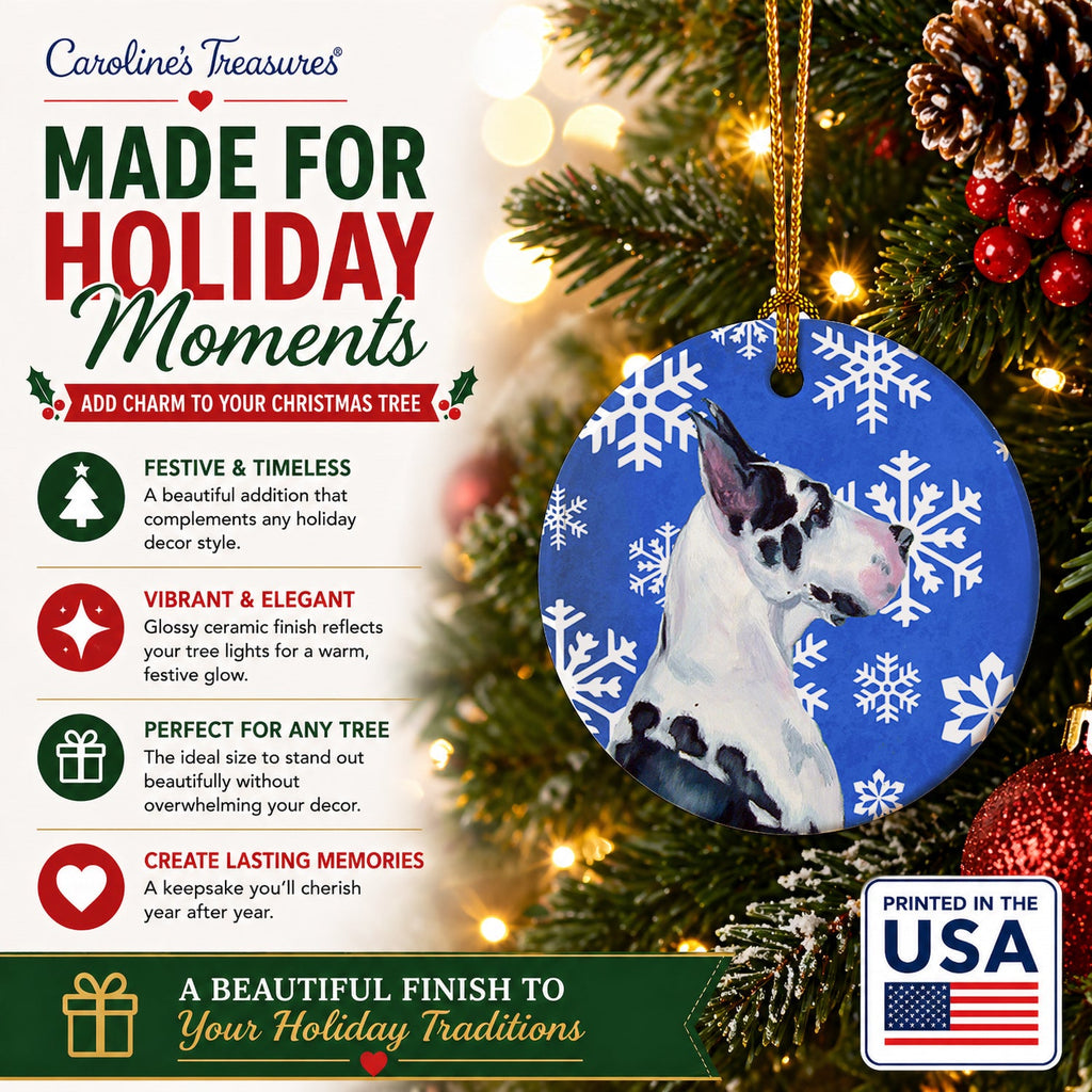 Great Dane Winter Snowflakes Holiday Ceramic Ornament Christmas Tree Hanging Decorations for Home Christmas Holiday, Party, Gift, 3 in, Multicolor