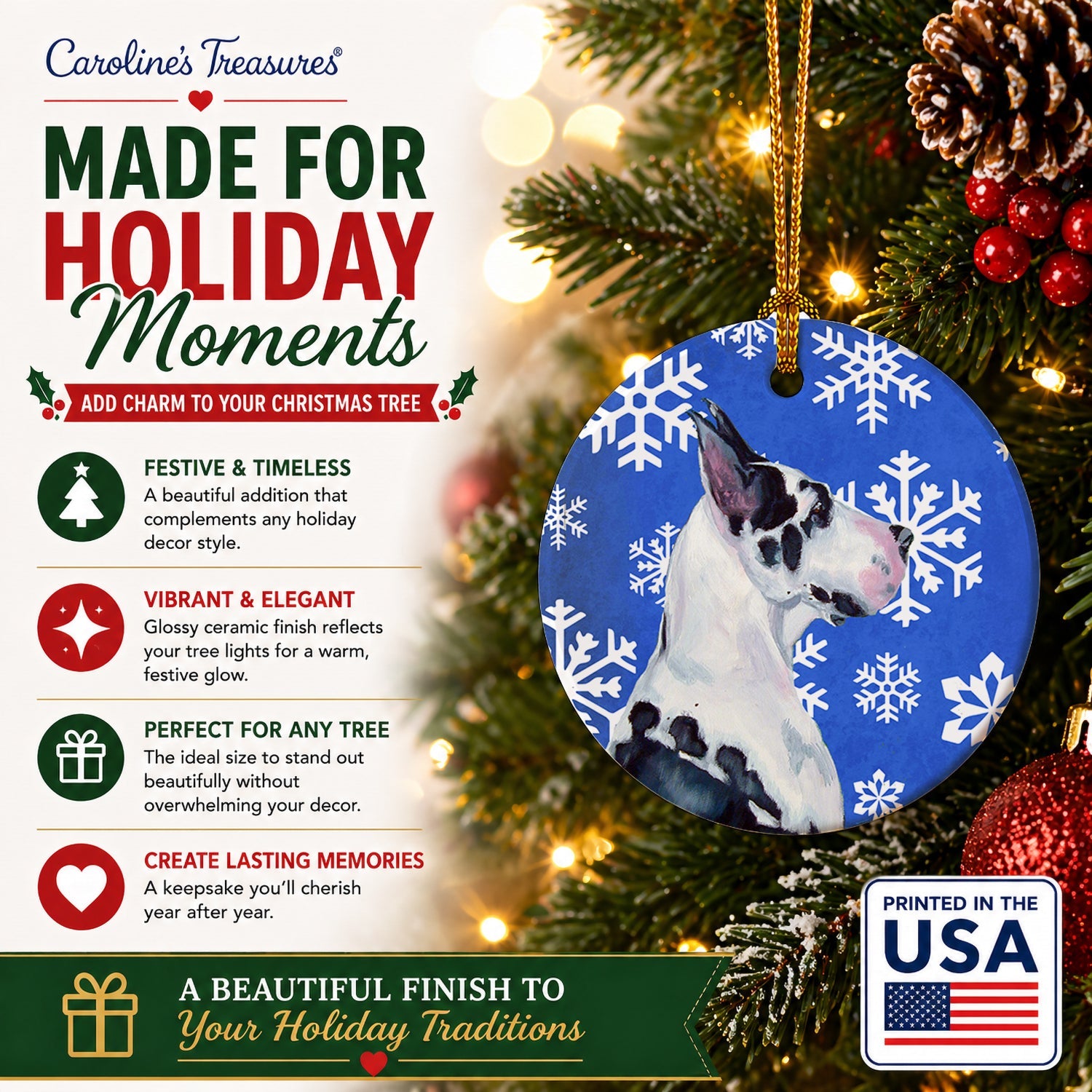 Great Dane Winter Snowflakes Holiday Ceramic Ornament Christmas Tree Hanging Decorations for Home Christmas Holiday, Party, Gift, 3 in, Multicolor