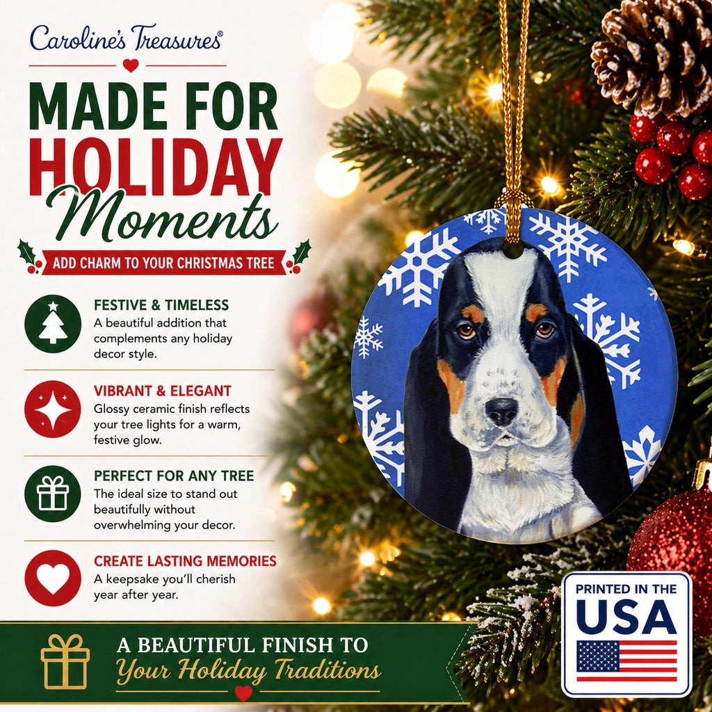 Basset Hound Winter Snowflakes Holiday Ceramic Ornament Christmas Tree Hanging Decorations for Home Christmas Holiday, Party, Gift, 3 in, Multicolor