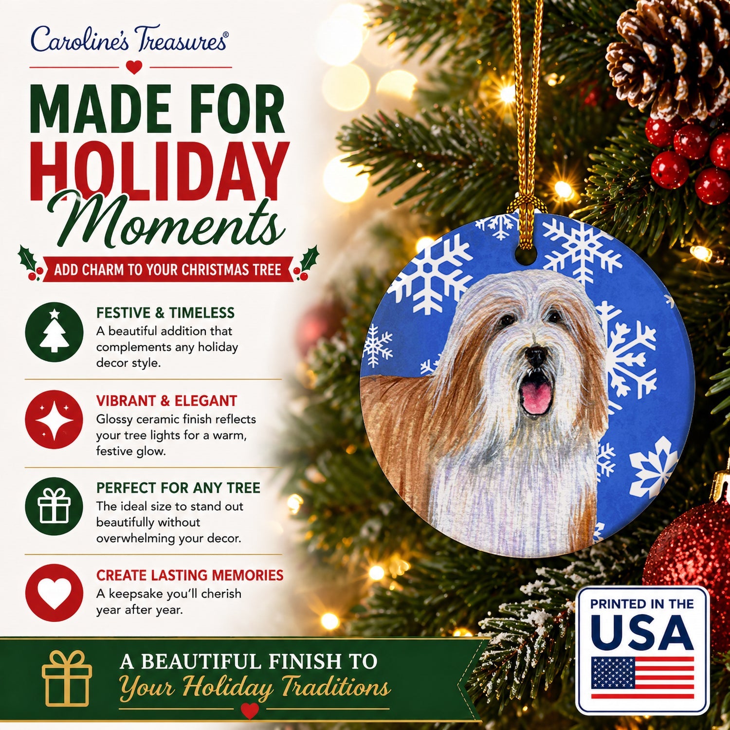 Bearded Collie Winter Snowflakes Holiday Ceramic Ornament Christmas Tree Hanging Decorations for Home Christmas Holiday, Party, Gift, 3 in, Multicolor