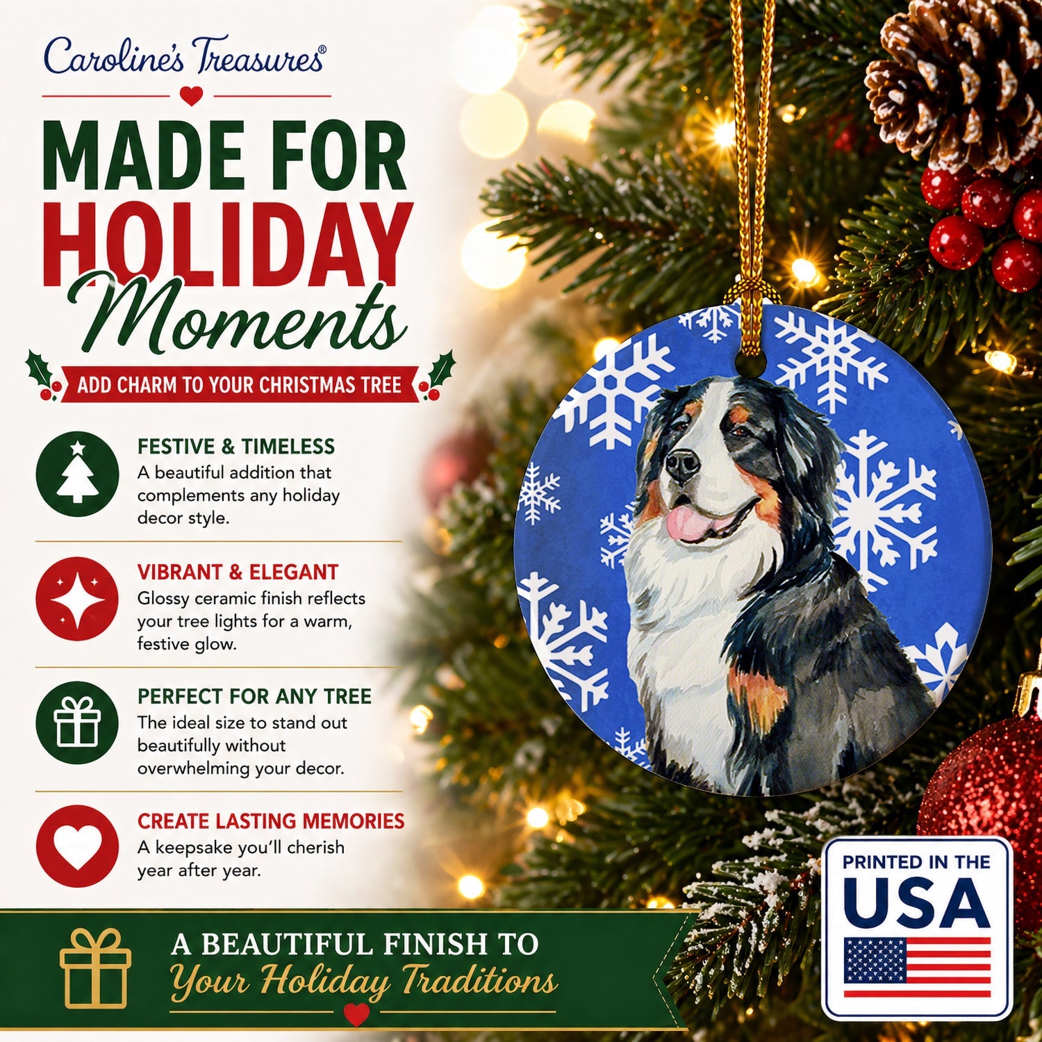 Bernese Mountain Dog Winter Snowflakes Holiday Ceramic Ornament Christmas Tree Hanging Decorations for Home Christmas Holiday, Party, Gift, 3 in, Multicolor