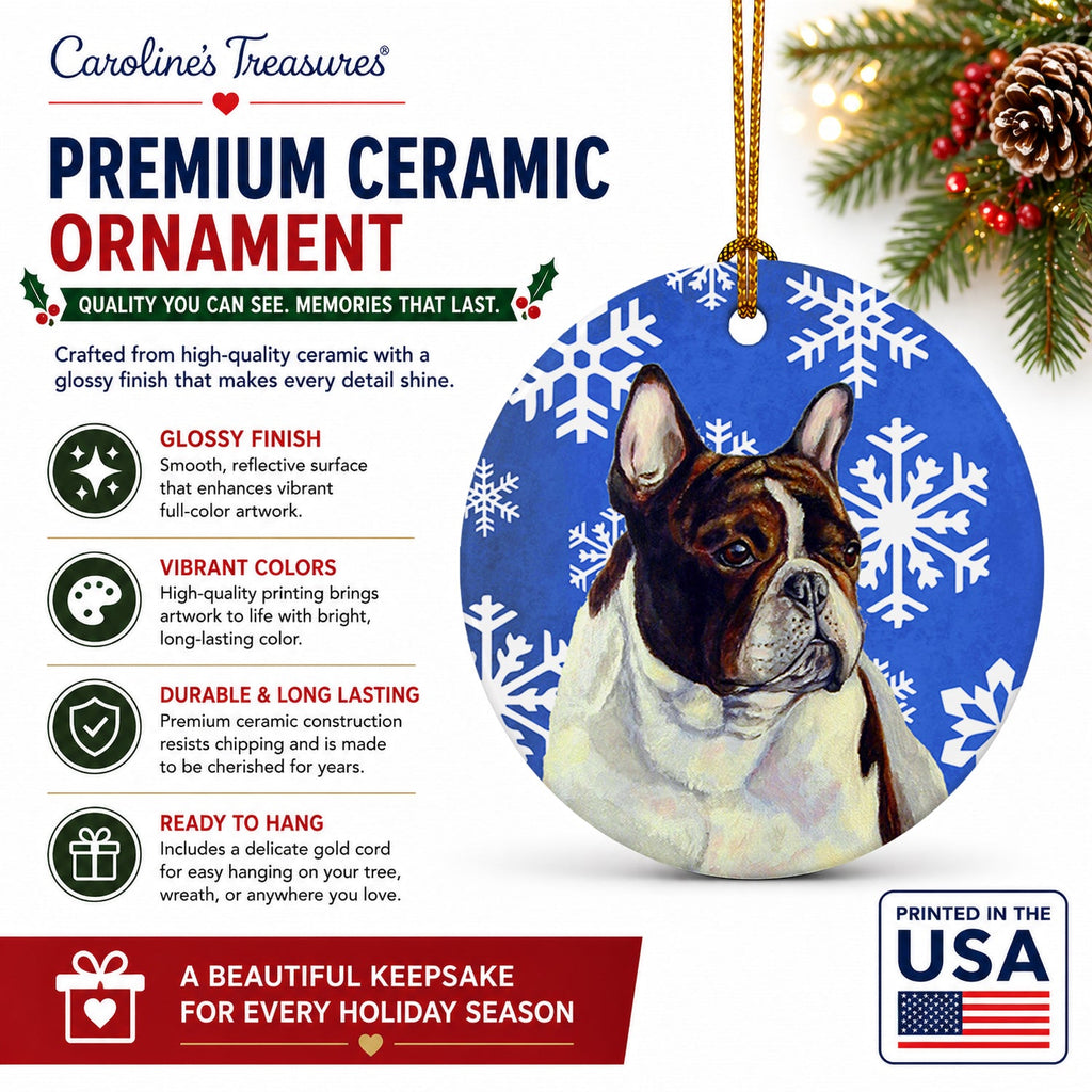 French Bulldog Winter Snowflakes Holiday Ceramic Ornament Christmas Tree Hanging Decorations for Home Christmas Holiday, Party, Gift, 3 in, Multicolor