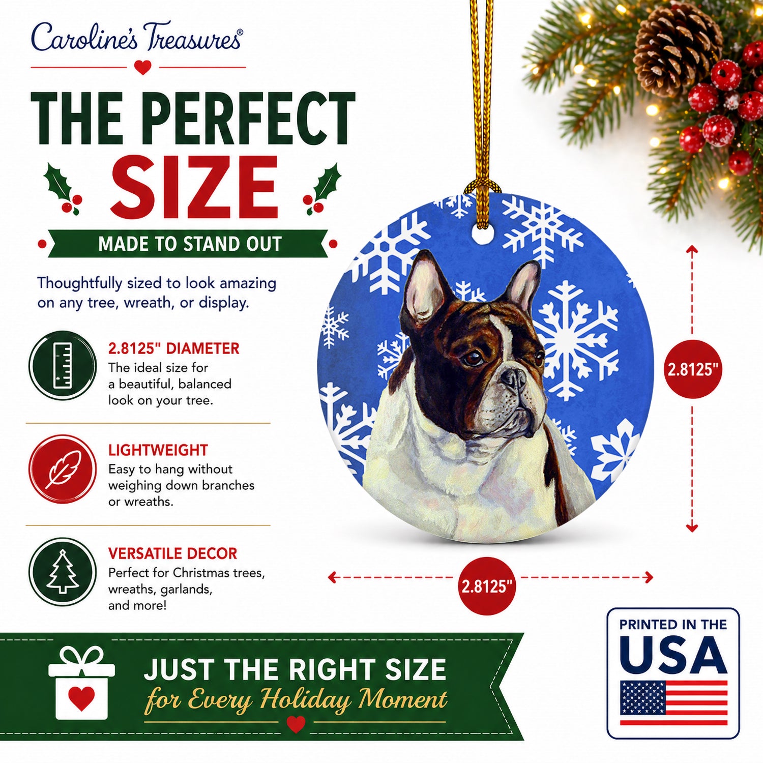 French Bulldog Winter Snowflakes Holiday Ceramic Ornament Christmas Tree Hanging Decorations for Home Christmas Holiday, Party, Gift, 3 in, Multicolor