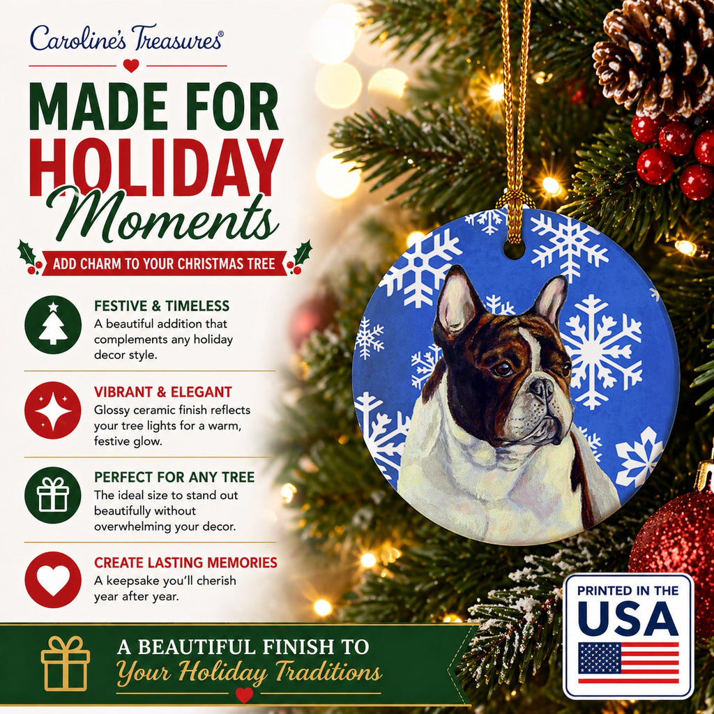 French Bulldog Winter Snowflakes Holiday Ceramic Ornament Christmas Tree Hanging Decorations for Home Christmas Holiday, Party, Gift, 3 in, Multicolor
