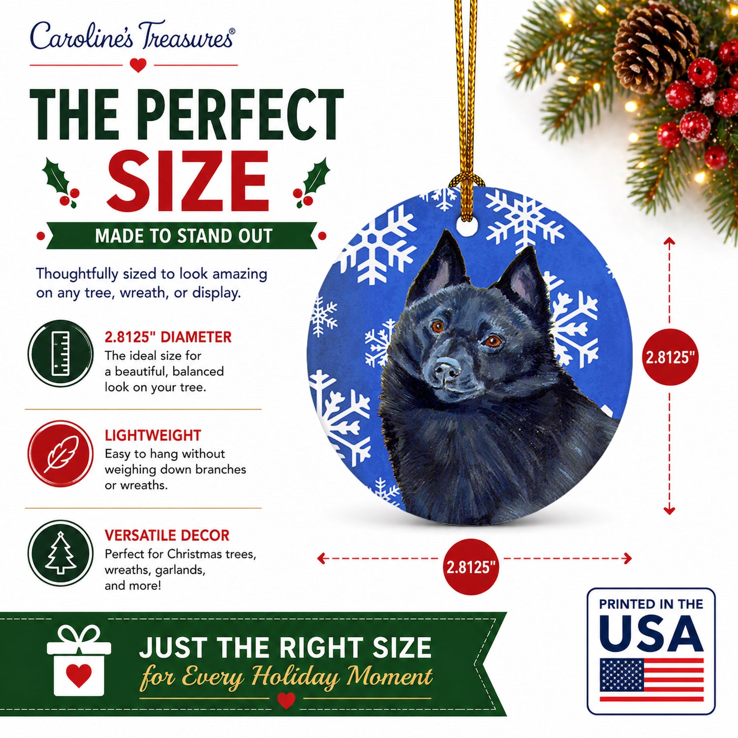 Schipperke Winter Snowflakes Holiday Ceramic Ornament Christmas Tree Hanging Decorations for Home Christmas Holiday, Party, Gift, 3 in, Multicolor