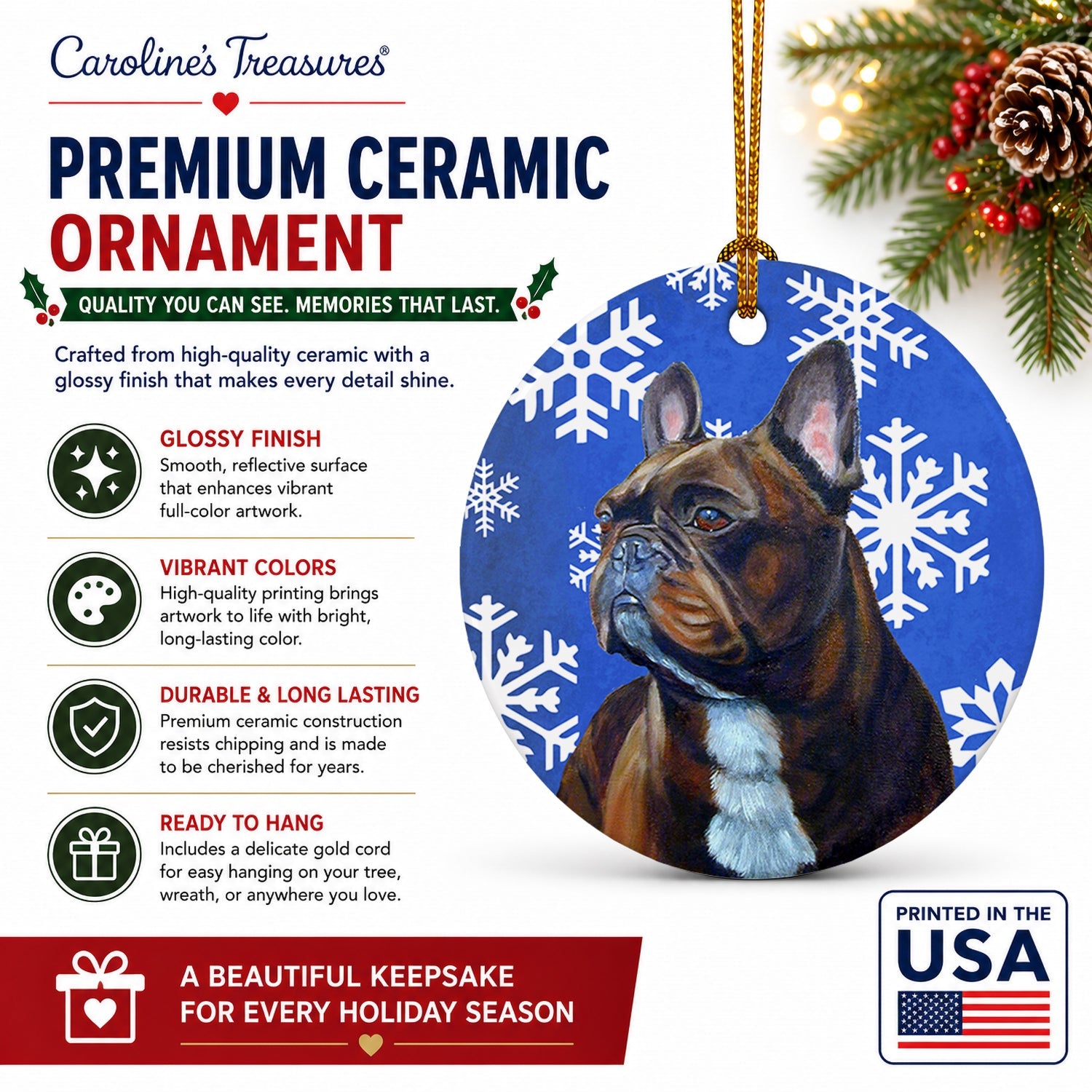 French Bulldog Winter Snowflakes Holiday Ceramic Ornament Christmas Tree Hanging Decorations for Home Christmas Holiday, Party, Gift, 3 in, Multicolor