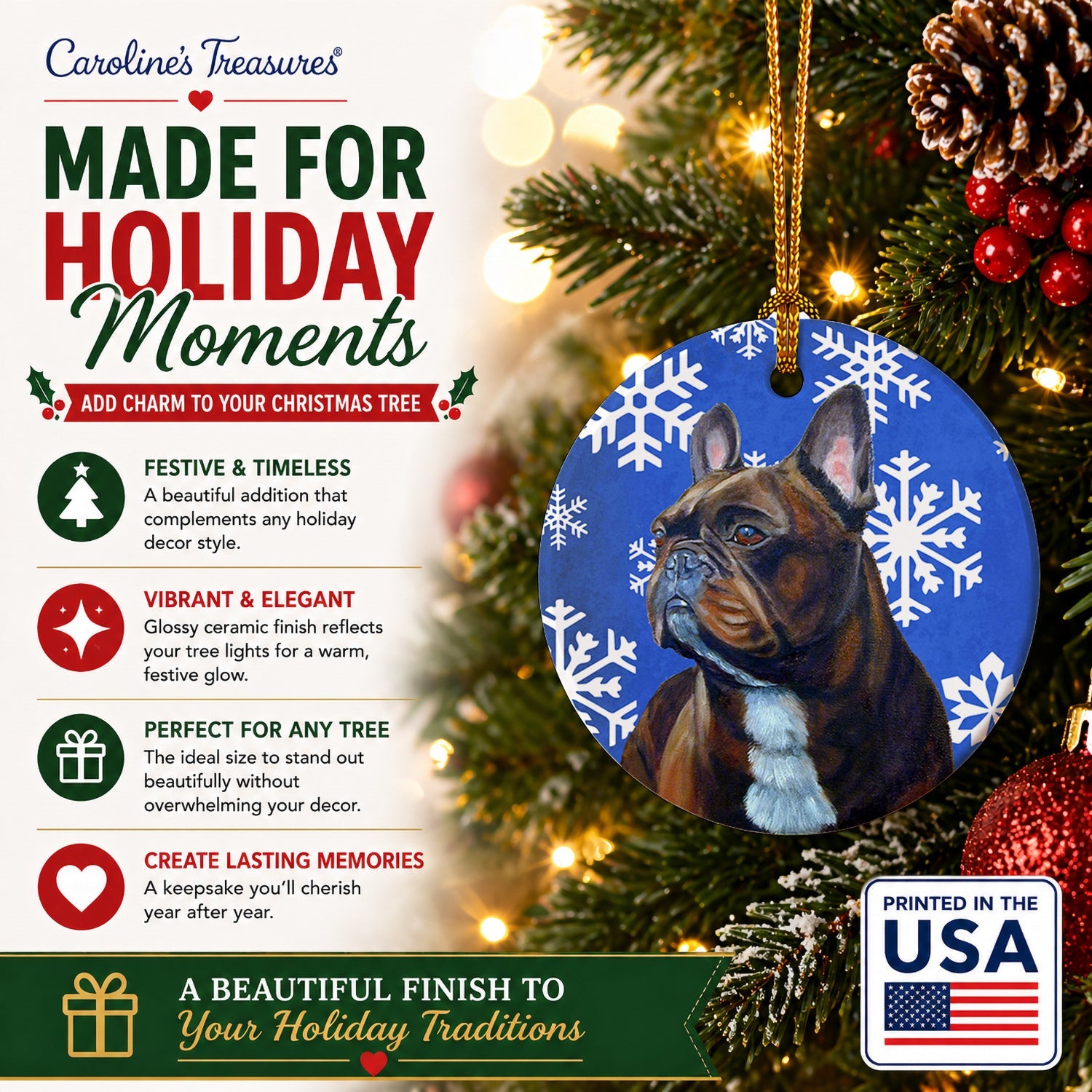 French Bulldog Winter Snowflakes Holiday Ceramic Ornament Christmas Tree Hanging Decorations for Home Christmas Holiday, Party, Gift, 3 in, Multicolor