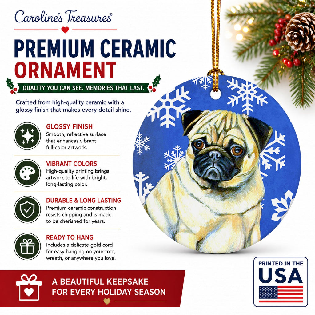 Pug Winter Snowflakes Holiday Ceramic Ornament Christmas Tree Hanging Decorations for Home Christmas Holiday, Party, Gift, 3 in, Multicolor