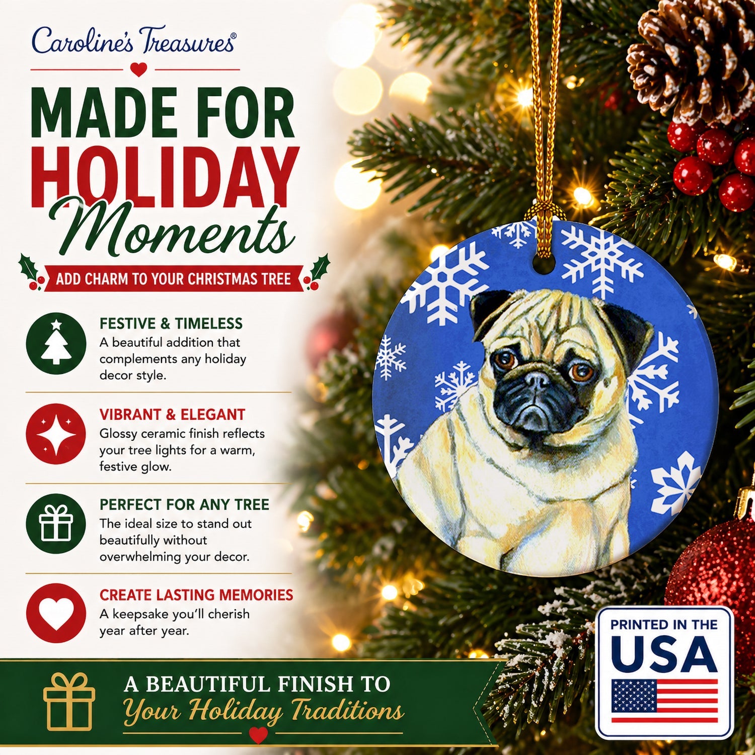 Pug Winter Snowflakes Holiday Ceramic Ornament Christmas Tree Hanging Decorations for Home Christmas Holiday, Party, Gift, 3 in, Multicolor