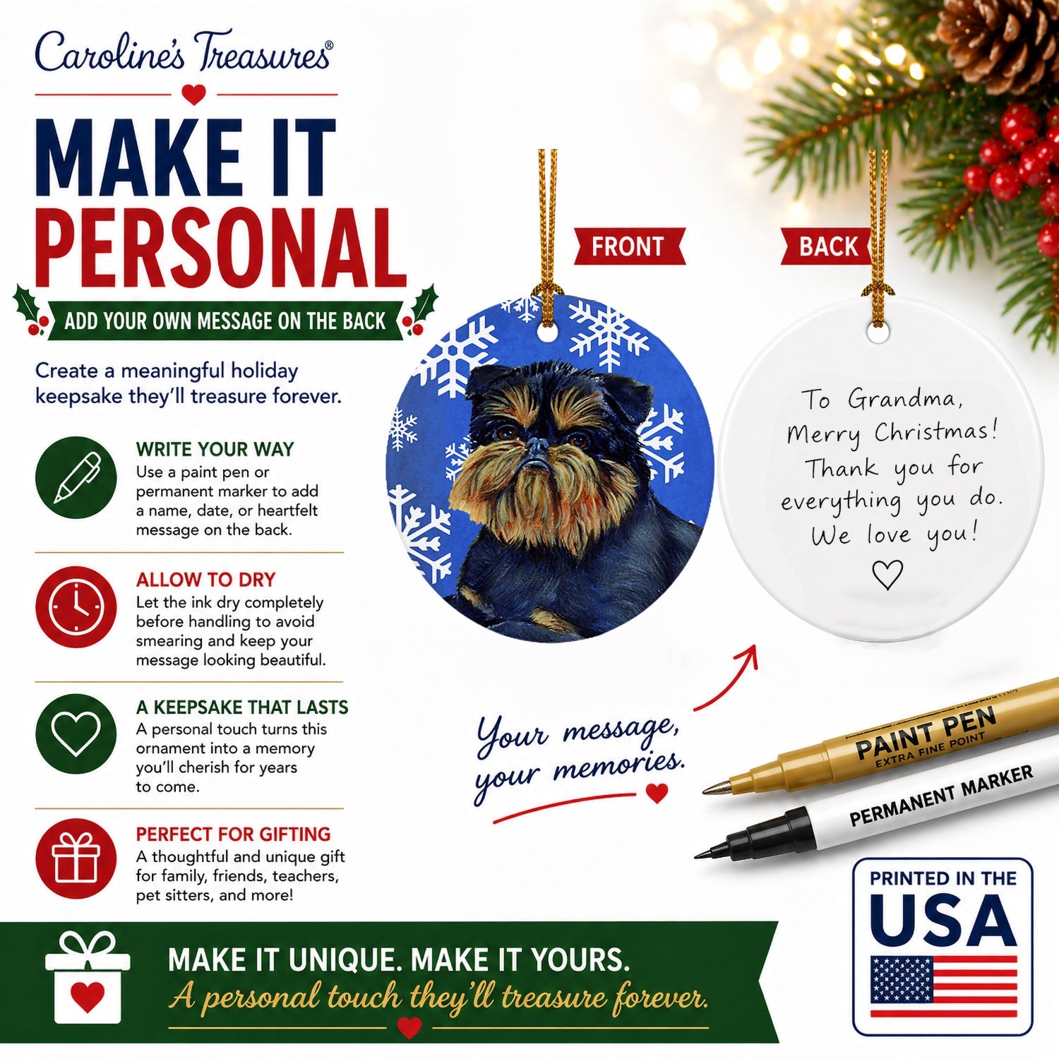 Brussels Griffon Winter Snowflakes Holiday Ceramic Ornament Christmas Tree Hanging Decorations for Home Christmas Holiday, Party, Gift, 3 in, Multicolor