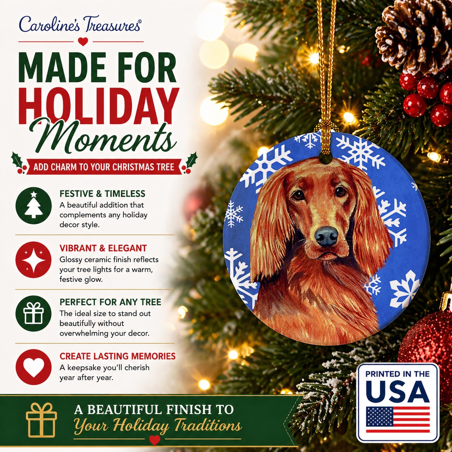 Irish Setter Winter Snowflakes Holiday Ceramic Ornament Christmas Tree Hanging Decorations for Home Christmas Holiday, Party, Gift, 3 in, Multicolor