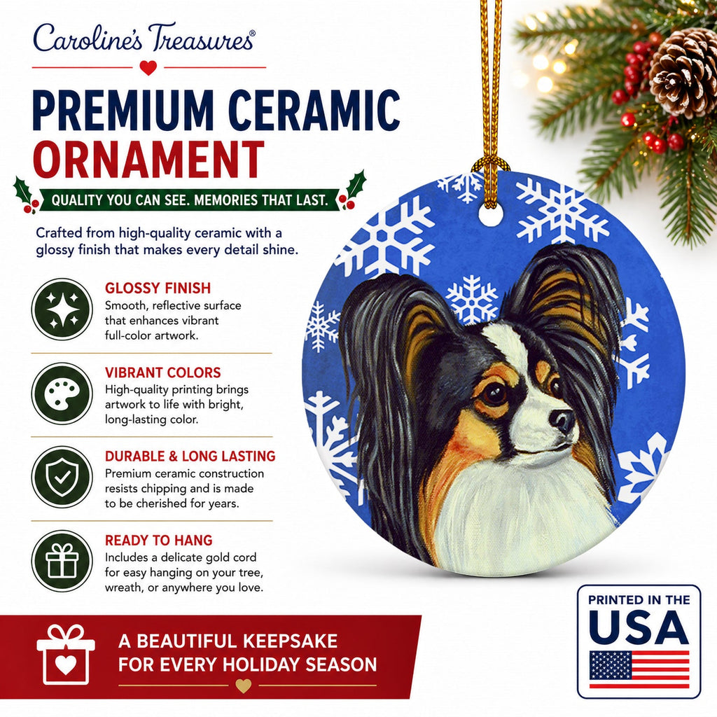 Papillon Winter Snowflakes Holiday Ceramic Ornament Christmas Tree Hanging Decorations for Home Christmas Holiday, Party, Gift, 3 in, Multicolor