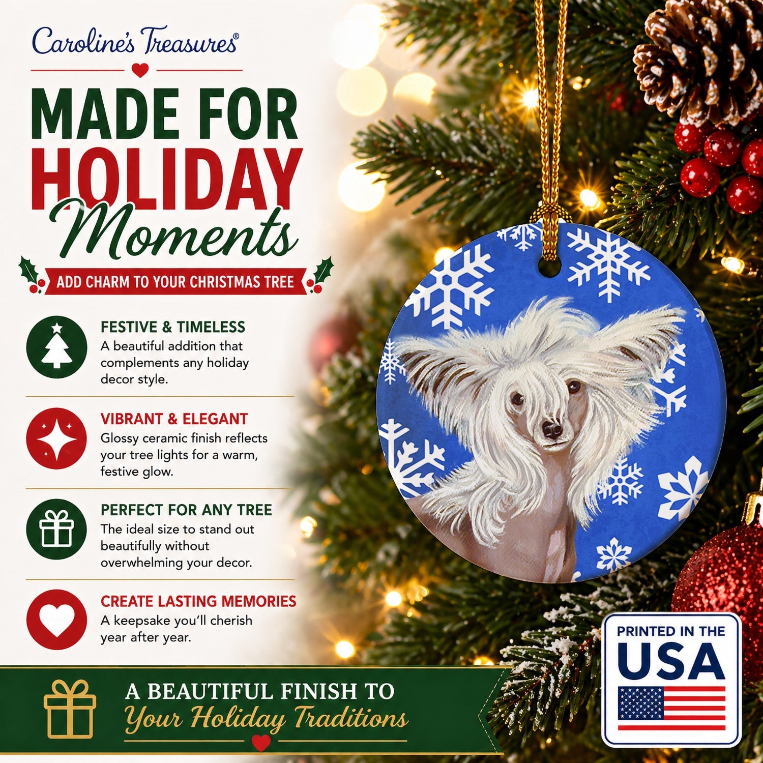 Chinese Crested Winter Snowflakes Holiday Ceramic Ornament Christmas Tree Hanging Decorations for Home Christmas Holiday, Party, Gift, 3 in, Multicolor