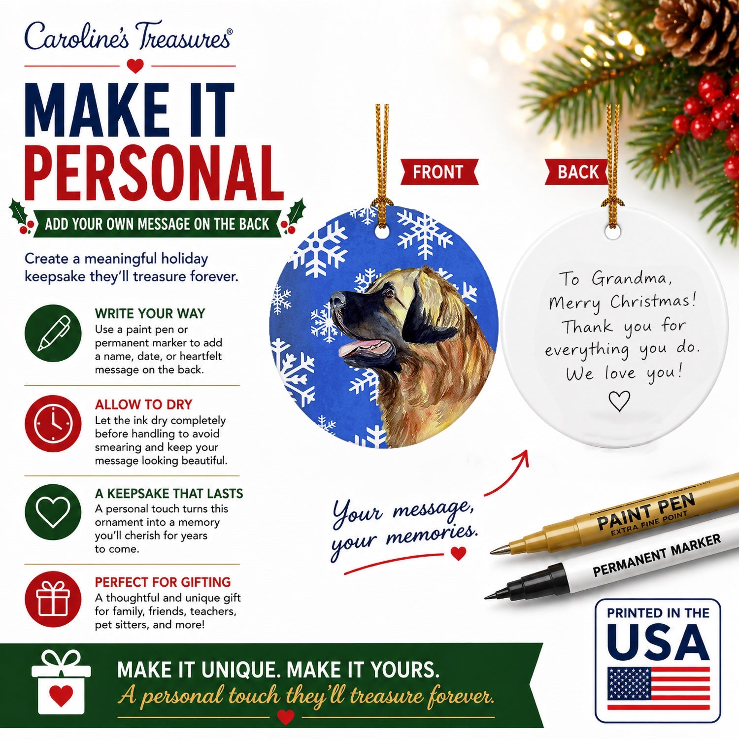 Leonberger Winter Snowflakes Holiday Ceramic Ornament Christmas Tree Hanging Decorations for Home Christmas Holiday, Party, Gift, 3 in, Multicolor
