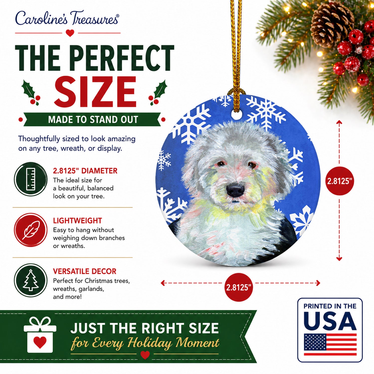 Old English Sheepdog Winter Snowflakes Holiday Ceramic Ornament Christmas Tree Hanging Decorations for Home Christmas Holiday, Party, Gift, 3 in, Multicolor