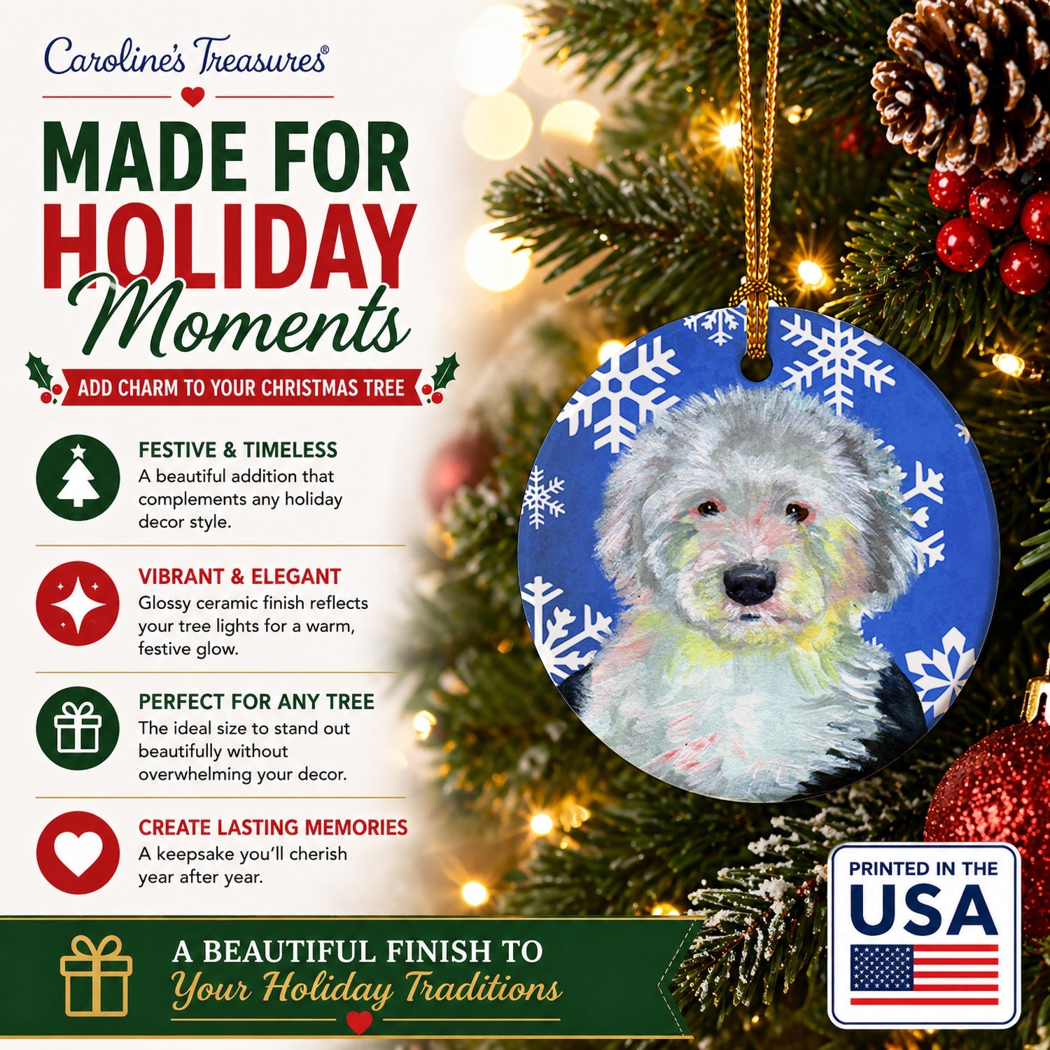 Old English Sheepdog Winter Snowflakes Holiday Ceramic Ornament Christmas Tree Hanging Decorations for Home Christmas Holiday, Party, Gift, 3 in, Multicolor