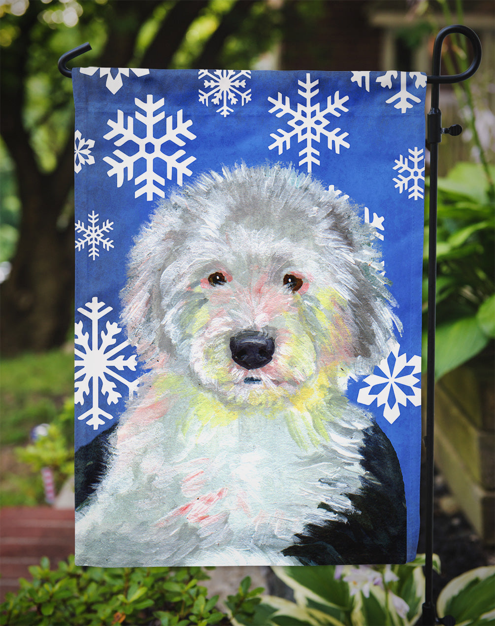 Old English Sheepdog Winter Snowflakes Holiday Garden Flag Mailbox Decorative Yard Banner Outside Patio Artwork for Flower Beds, Garden Size, Multicolor