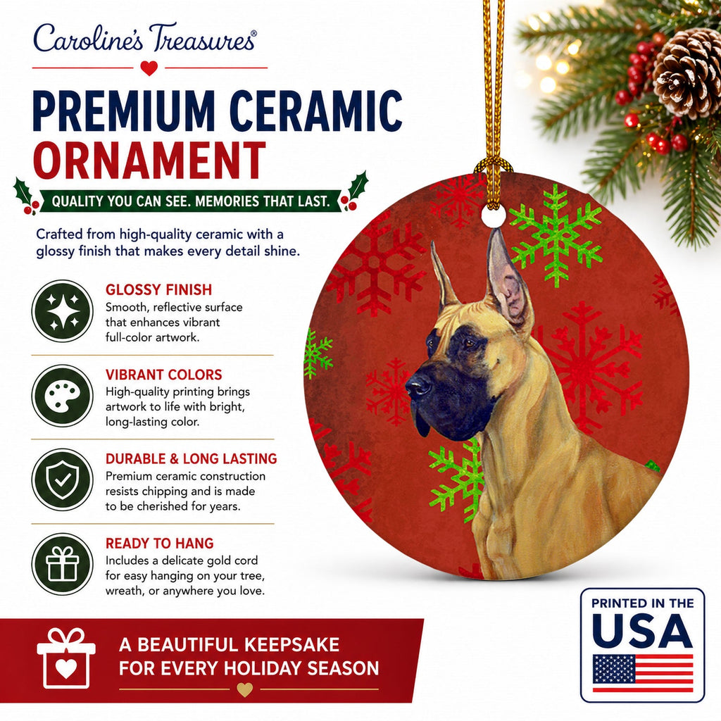Great Dane Red and Green Snowflakes Holiday Christmas Ceramic Ornament Christmas Tree Hanging Decorations for Home Christmas Holiday, Party, Gift, 3 in, Multicolor