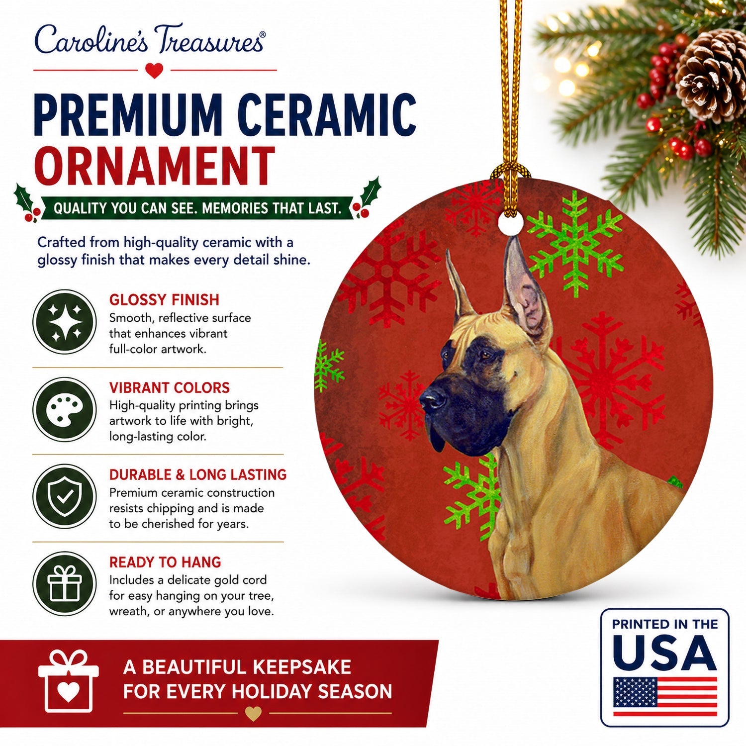 Great Dane Red and Green Snowflakes Holiday Christmas Ceramic Ornament Christmas Tree Hanging Decorations for Home Christmas Holiday, Party, Gift, 3 in, Multicolor