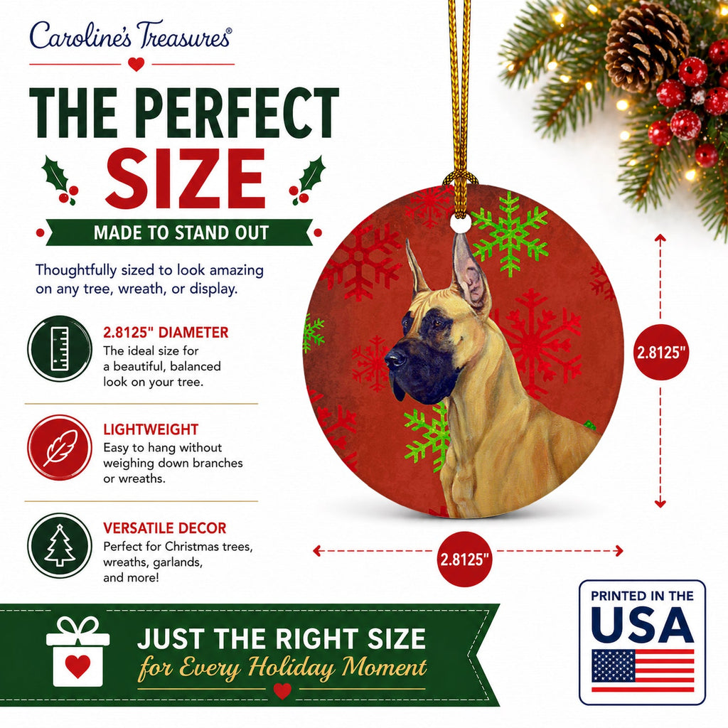 Great Dane Red and Green Snowflakes Holiday Christmas Ceramic Ornament Christmas Tree Hanging Decorations for Home Christmas Holiday, Party, Gift, 3 in, Multicolor