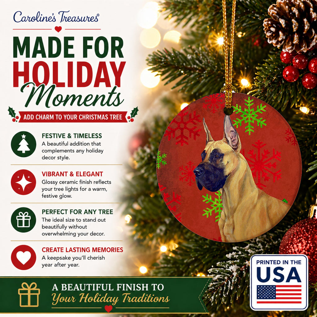 Great Dane Red and Green Snowflakes Holiday Christmas Ceramic Ornament Christmas Tree Hanging Decorations for Home Christmas Holiday, Party, Gift, 3 in, Multicolor