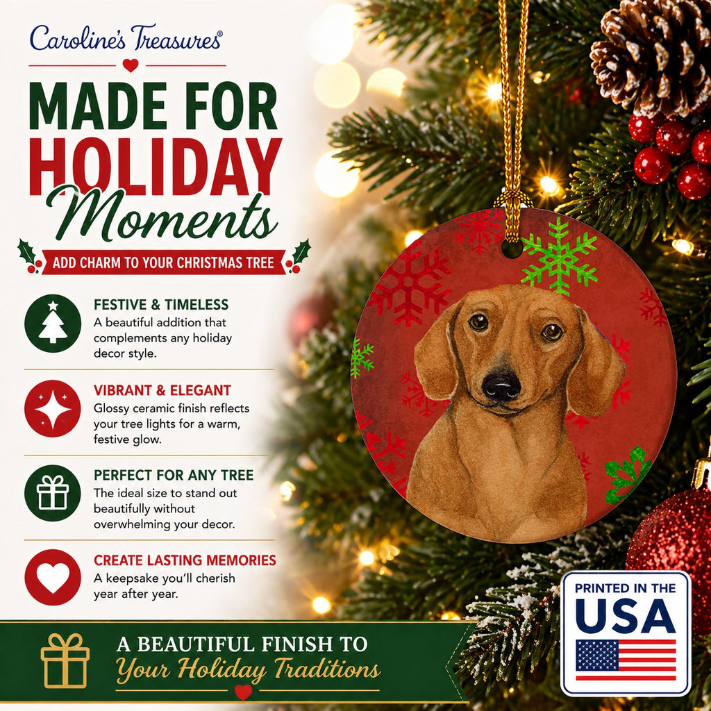Dachshund Red and Green Snowflakes Holiday Christmas Ceramic Ornament Christmas Tree Hanging Decorations for Home Christmas Holiday, Party, Gift, 3 in, Multicolor