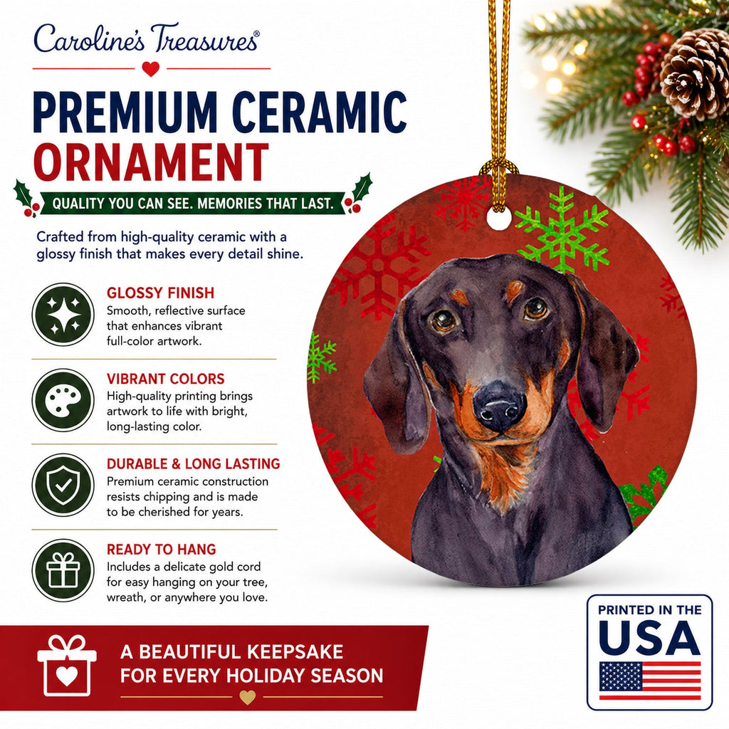 Dachshund Red and Green Snowflakes Holiday Christmas Ceramic Ornament Christmas Tree Hanging Decorations for Home Christmas Holiday, Party, Gift, 3 in, Multicolor