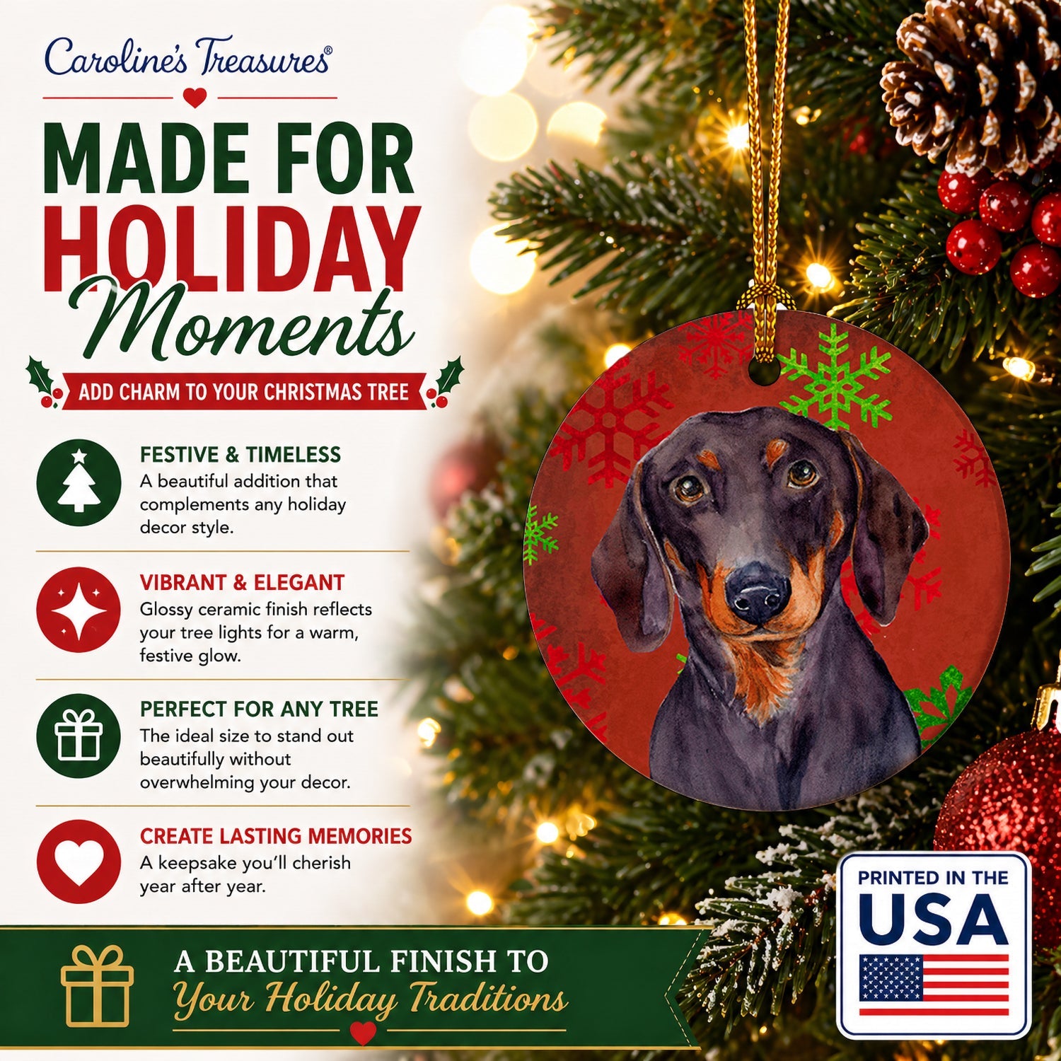 Dachshund Red and Green Snowflakes Holiday Christmas Ceramic Ornament Christmas Tree Hanging Decorations for Home Christmas Holiday, Party, Gift, 3 in, Multicolor