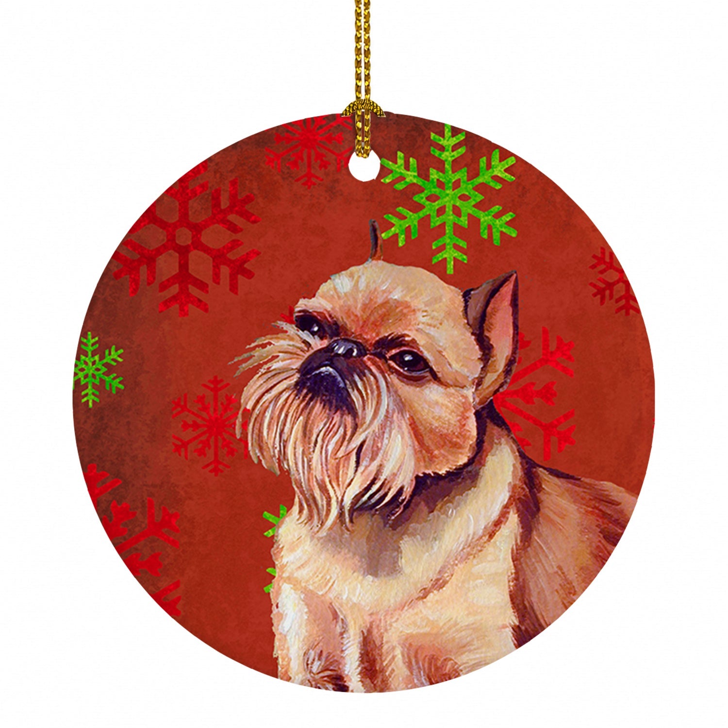 Brussels Griffon Red and Green Snowflakes Holiday Christmas Ceramic Ornament Christmas Tree Hanging Decorations for Home Christmas Holiday, Party, Gift, 3 in, Multicolor