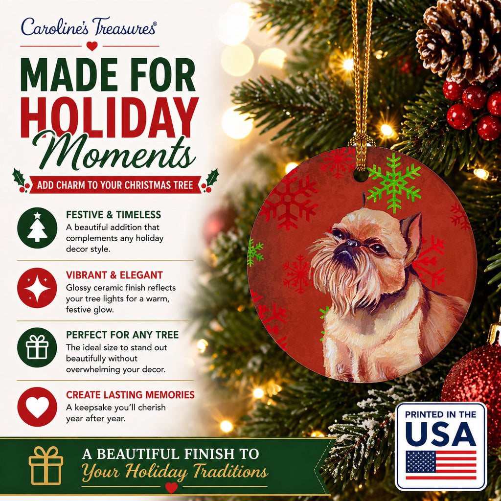 Brussels Griffon Red and Green Snowflakes Holiday Christmas Ceramic Ornament Christmas Tree Hanging Decorations for Home Christmas Holiday, Party, Gift, 3 in, Multicolor