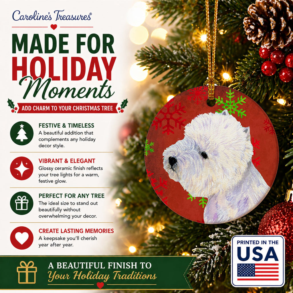 Westie Red and Green Snowflakes Holiday Christmas Ceramic Ornament Christmas Tree Hanging Decorations for Home Christmas Holiday, Party, Gift, 3 in, Multicolor