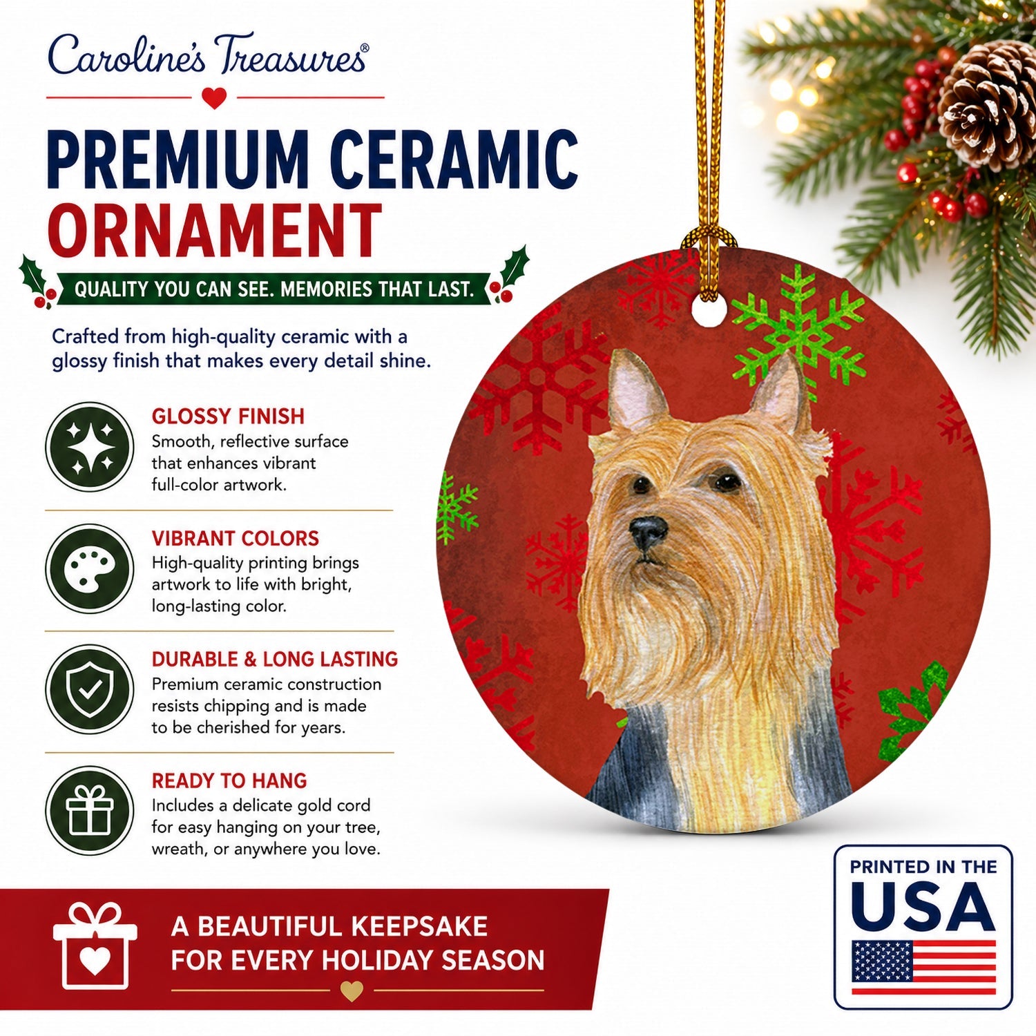 Silky Terrier Red Green Snowflake Holiday Christmas Ceramic Ornament Christmas Tree Hanging Decorations for Home Christmas Holiday, Party, Gift, 3 in, Multicolor