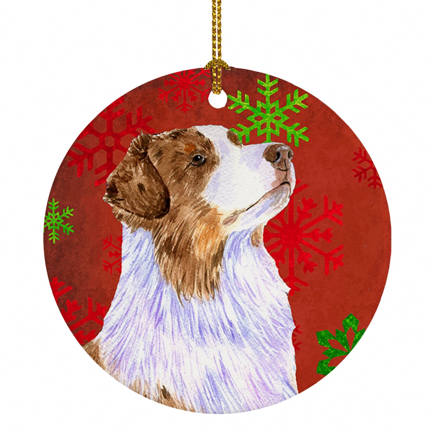 Australian Shepherd Red Green Snowflakes Christmas Ceramic Ornament Christmas Tree Hanging Decorations for Home Christmas Holiday, Party, Gift, 3 in, Multicolor