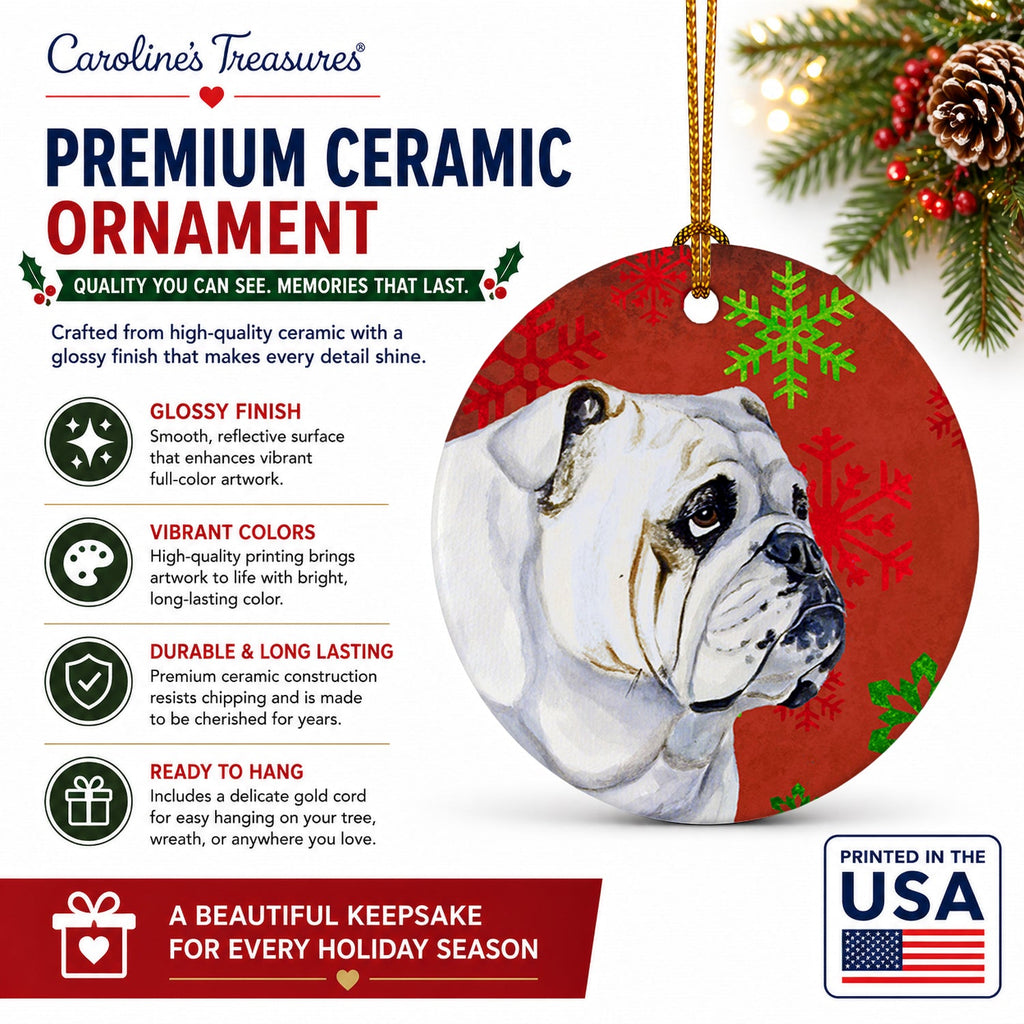 Bulldog English Red and Green Snowflakes Holiday Christmas Ceramic Ornament Christmas Tree Hanging Decorations for Home Christmas Holiday, Party, Gift, 3 in, Multicolor
