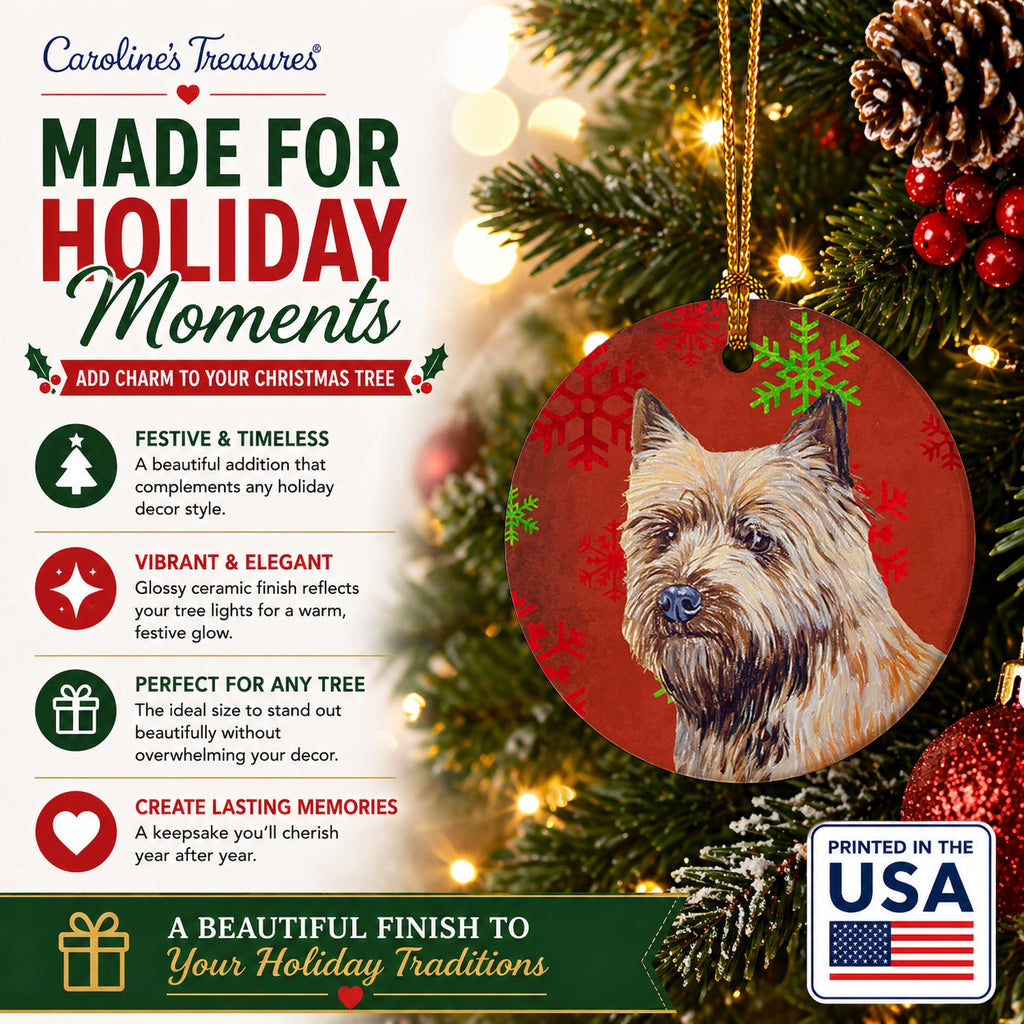 Cairn Terrier Red and Green Snowflakes Holiday Christmas Ceramic Ornament Christmas Tree Hanging Decorations for Home Christmas Holiday, Party, Gift, 3 in, Multicolor