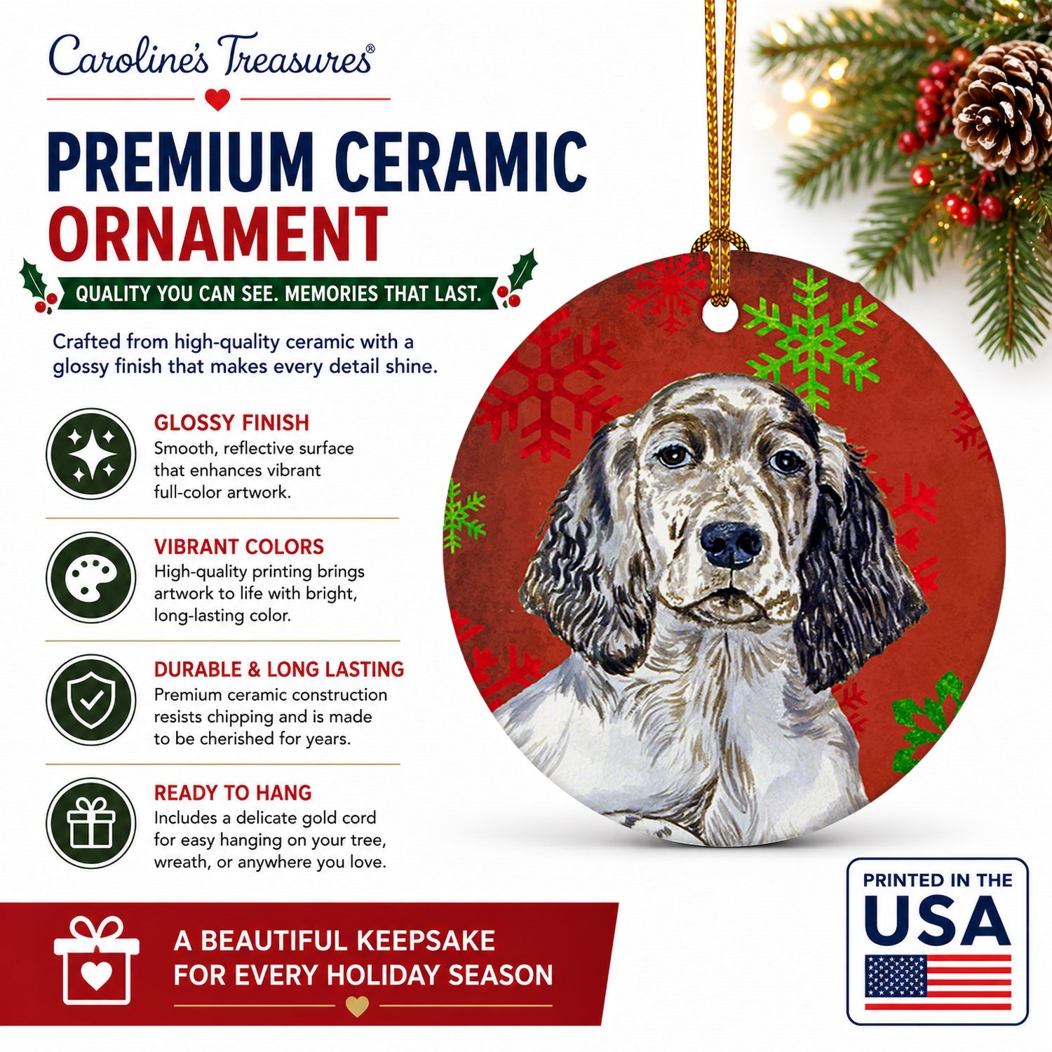 English Setter Red and Green Snowflakes Holiday Christmas Ceramic Ornament Christmas Tree Hanging Decorations for Home Christmas Holiday, Party, Gift, 3 in, Multicolor