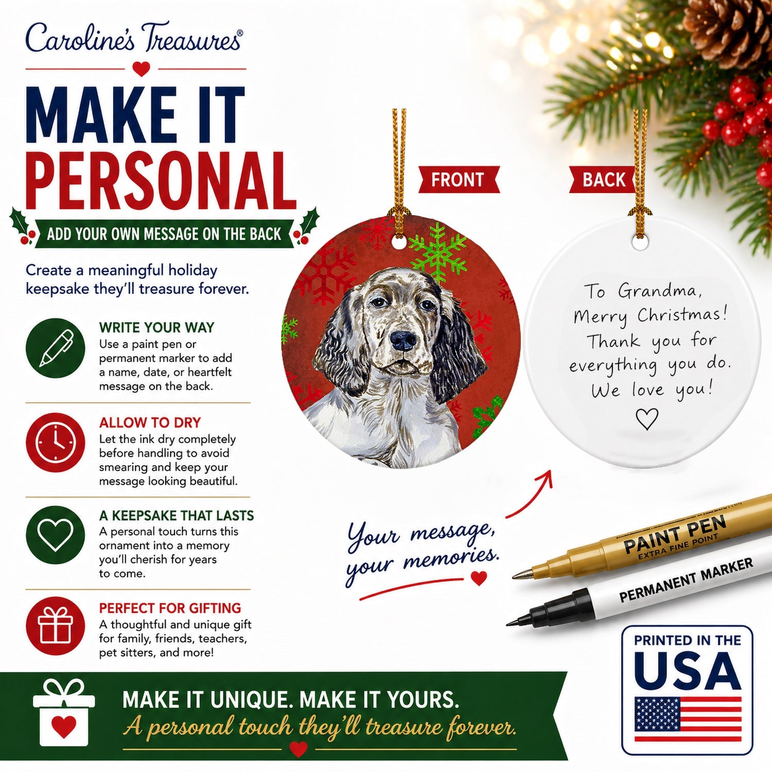 English Setter Red and Green Snowflakes Holiday Christmas Ceramic Ornament Christmas Tree Hanging Decorations for Home Christmas Holiday, Party, Gift, 3 in, Multicolor