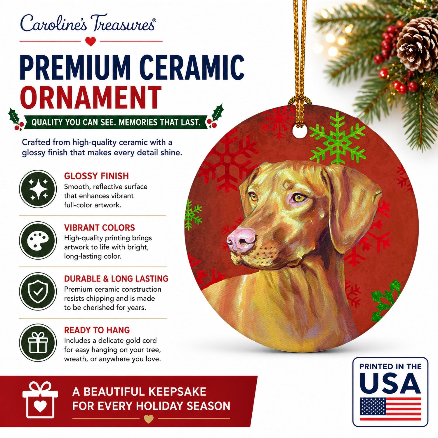 Vizsla Red and Green Snowflakes Holiday Christmas Ceramic Ornament Christmas Tree Hanging Decorations for Home Christmas Holiday, Party, Gift, 3 in, Multicolor