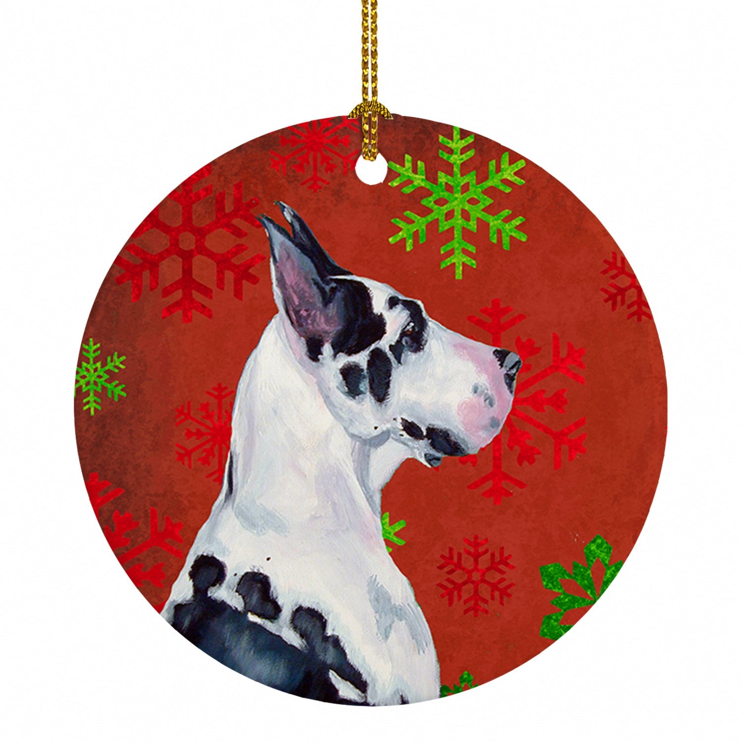 Great Dane Red and Green Snowflakes Holiday Christmas Ceramic Ornament Christmas Tree Hanging Decorations for Home Christmas Holiday, Party, Gift, 3 in, Multicolor