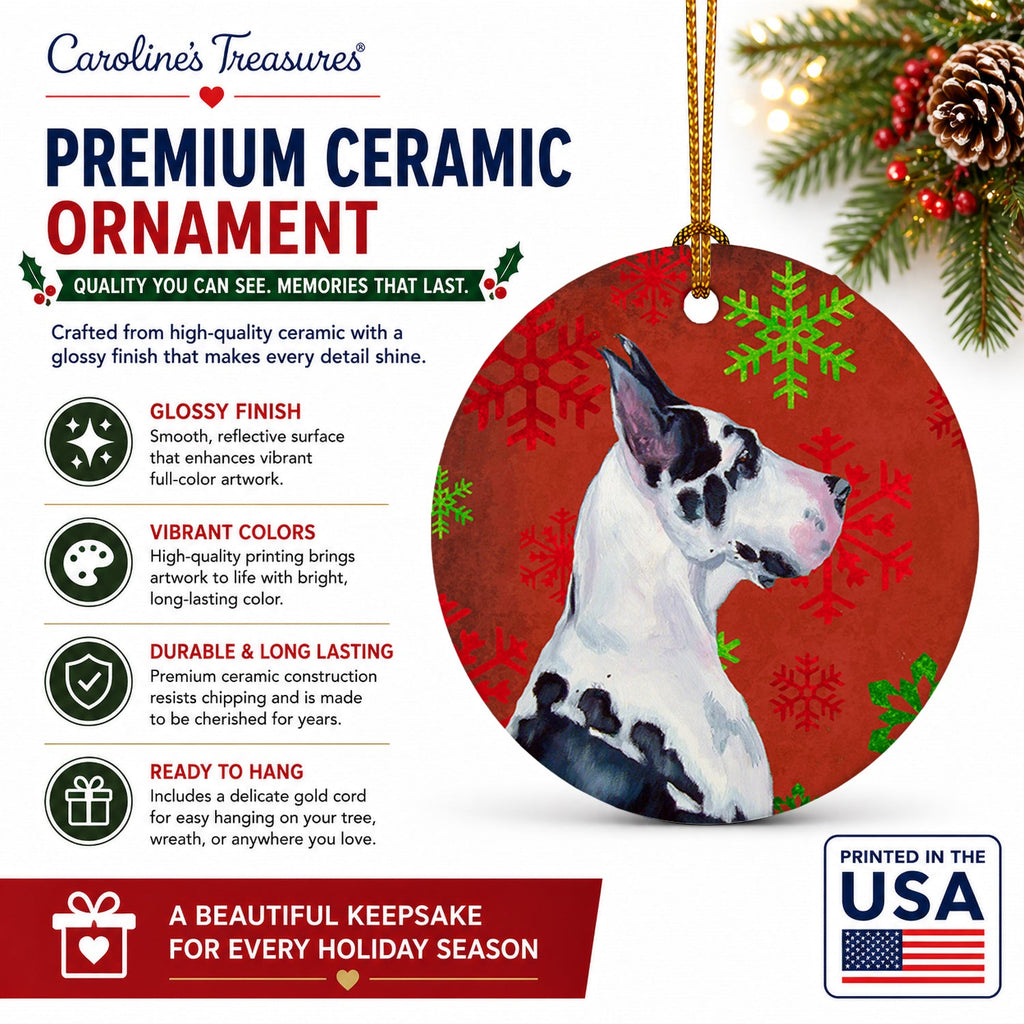 Great Dane Red and Green Snowflakes Holiday Christmas Ceramic Ornament Christmas Tree Hanging Decorations for Home Christmas Holiday, Party, Gift, 3 in, Multicolor