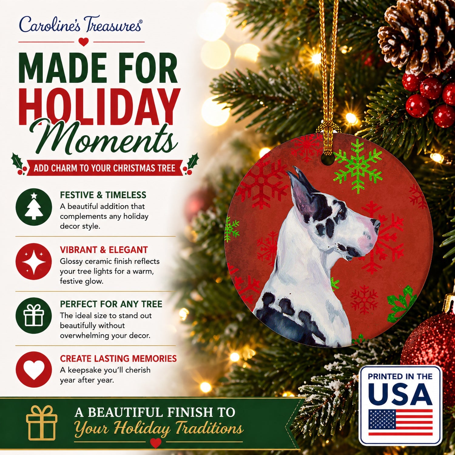 Great Dane Red and Green Snowflakes Holiday Christmas Ceramic Ornament Christmas Tree Hanging Decorations for Home Christmas Holiday, Party, Gift, 3 in, Multicolor